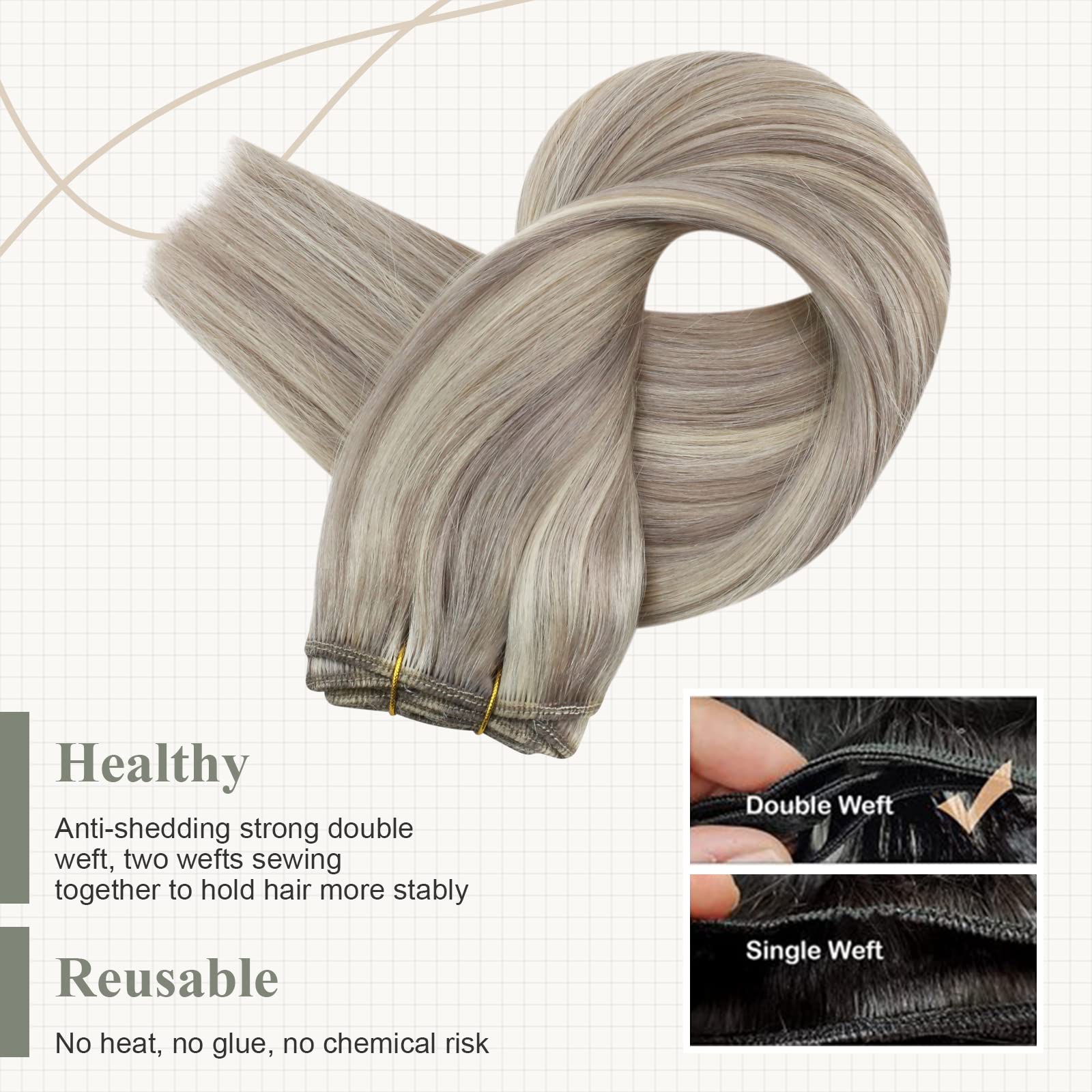 Fshine Extension Capelli Veri Tessitura Biondo Grigio Con Highlight Biondo Platino Extesion Matassa Capelli 45CM 100g Extension Cucitura Capelli Veri Remy Extension Capelli Bundles Lisci #19AP60
