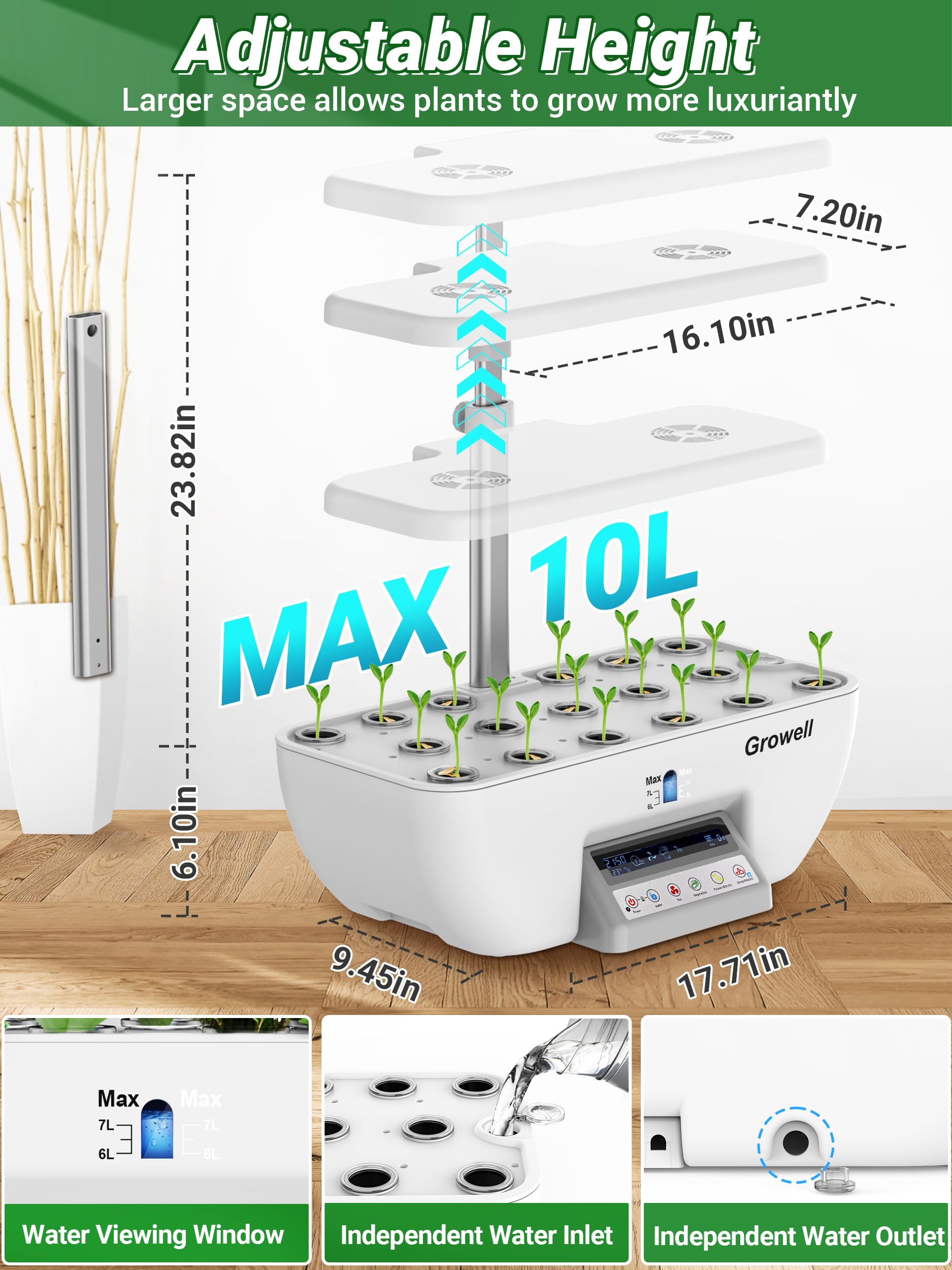 Growell Hydroponics 17 Kapseln Kräutergarten Grow System Kit mit 102 28W Vollspektrum-Wachstumsleuchten und 2 Ventilatoren, Indoor-Garten mit Wasserpumpe, Tank