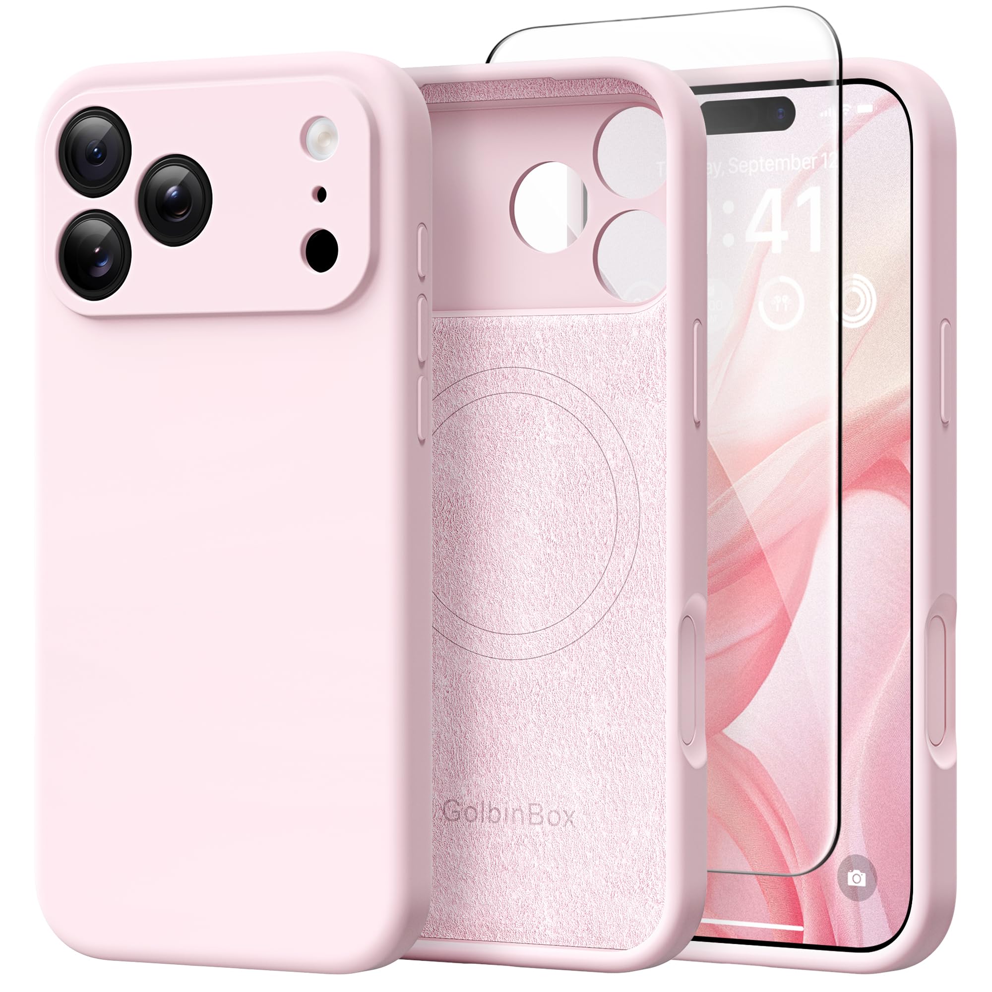 GolbinBox Magnetic for iPhone 17 Pro Case, Silicone Cover, Chalk Pink | Compatible with MagSafe, Full Camera Protection, Screen Protector, Shockproof Phone Case with Anti-Scratch Microfiber Lining