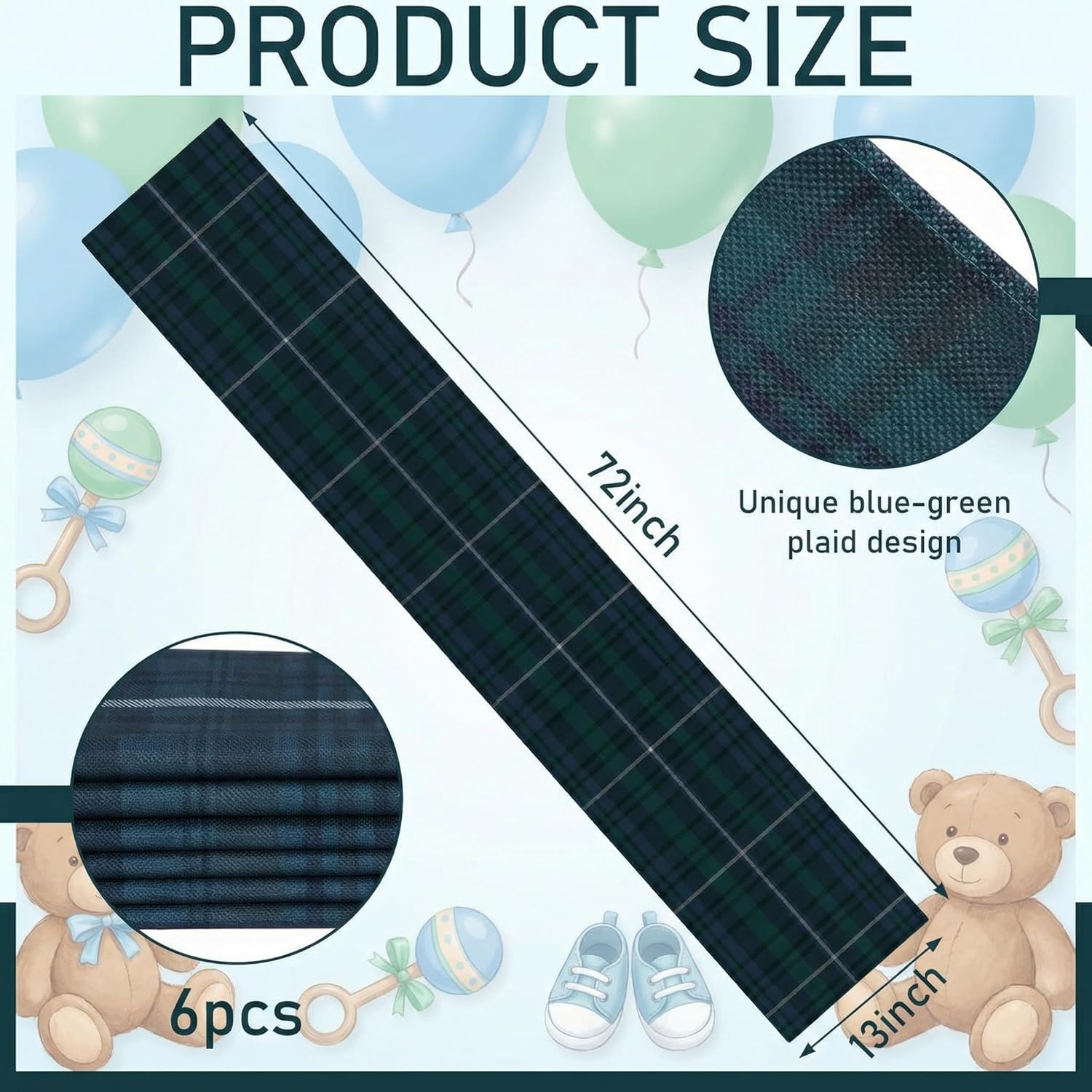 6 Pcs 72 x 13'' Tartan Plaid Bear Babyshower Table Runner Vintage Birthday Party Decoration for Baby Shower Theme Party Table Runner Dining Room Home Kitchen Decor (Blule and Green) 6 Blue Green