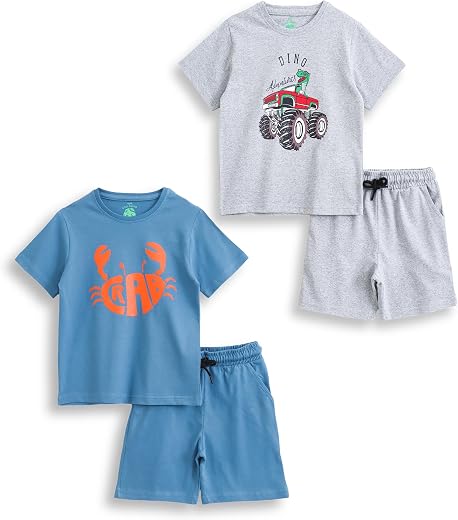 YUV Boys 100% Cotton Printed Clothing Set, Pack of 2 T-Shirts & Shorts, Multicolor, Ages 1 to 8 Years