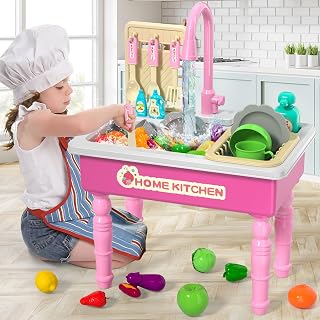 Kids Play Sink Kitchen Toy, Kitchen Play Food Toy for Girls Play Sink with Running Water, Role Play Sink Dishwasher Set for Toddlers Kids Boys Girls 3 4 5 6 Years Old