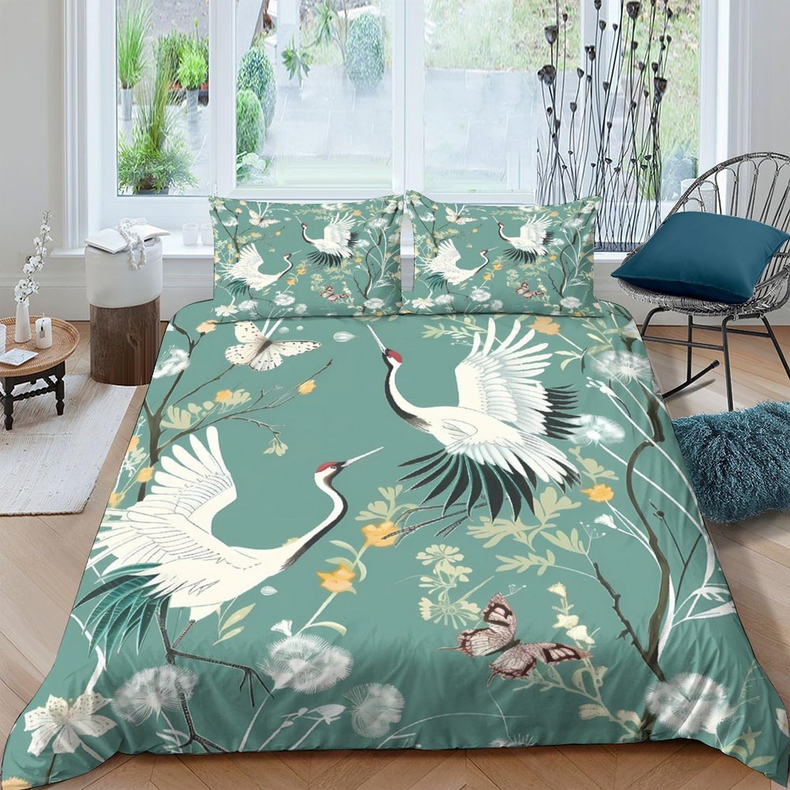 Ctjqhvkz Style-8 3D Printed Crane Lotus Fitted Sheet Microfiber Soft Green Nature Bird Mattress Cover For Home Bedroom Decor Single（135X200cm）