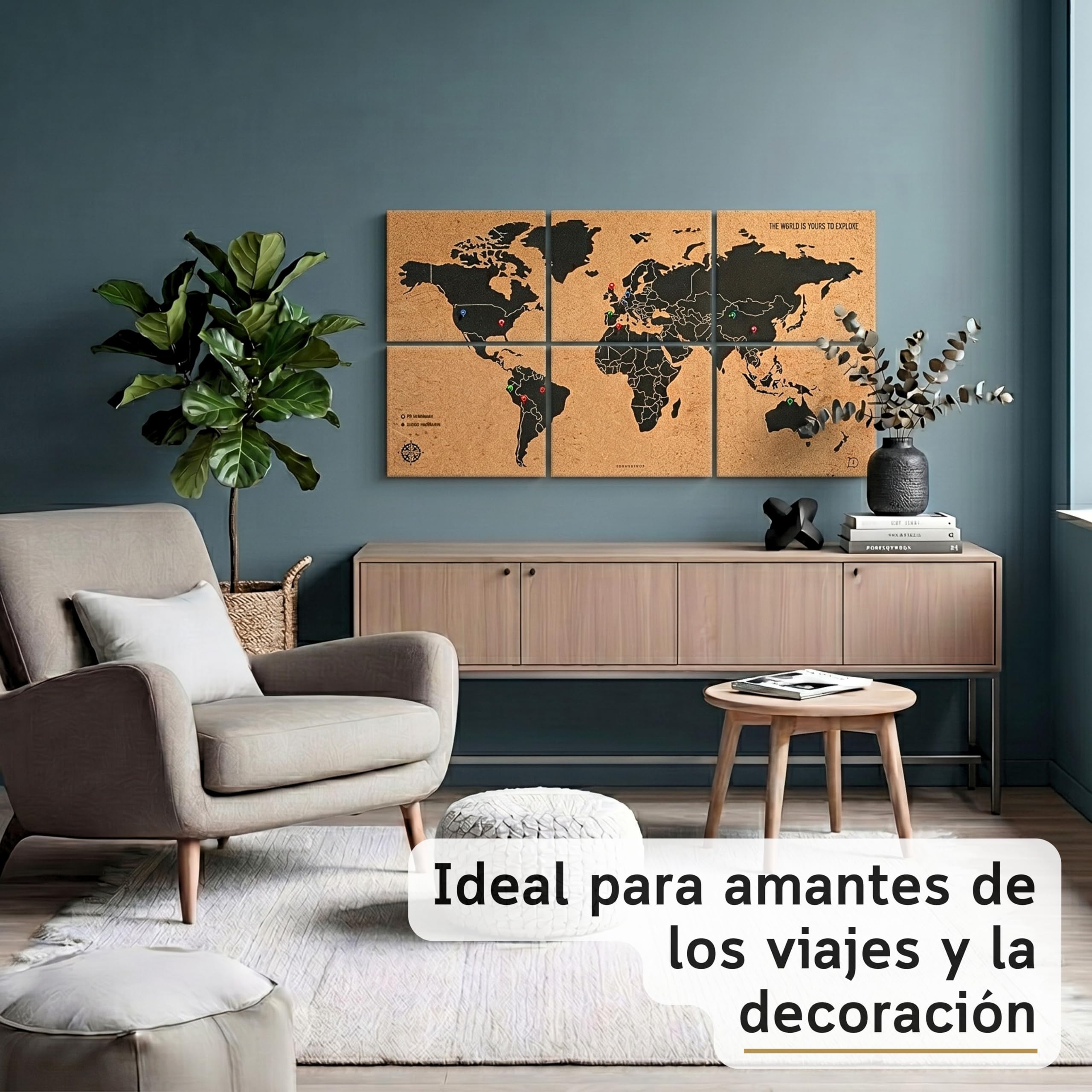 Mapa Mundi Corcho Pared XXL 120x60 cm – 6 Paneles Autoadhesivos – Mapa para Marcar Viajes con Chinchetas – 60 Chinchetas Incluidas – Decoración Hogar