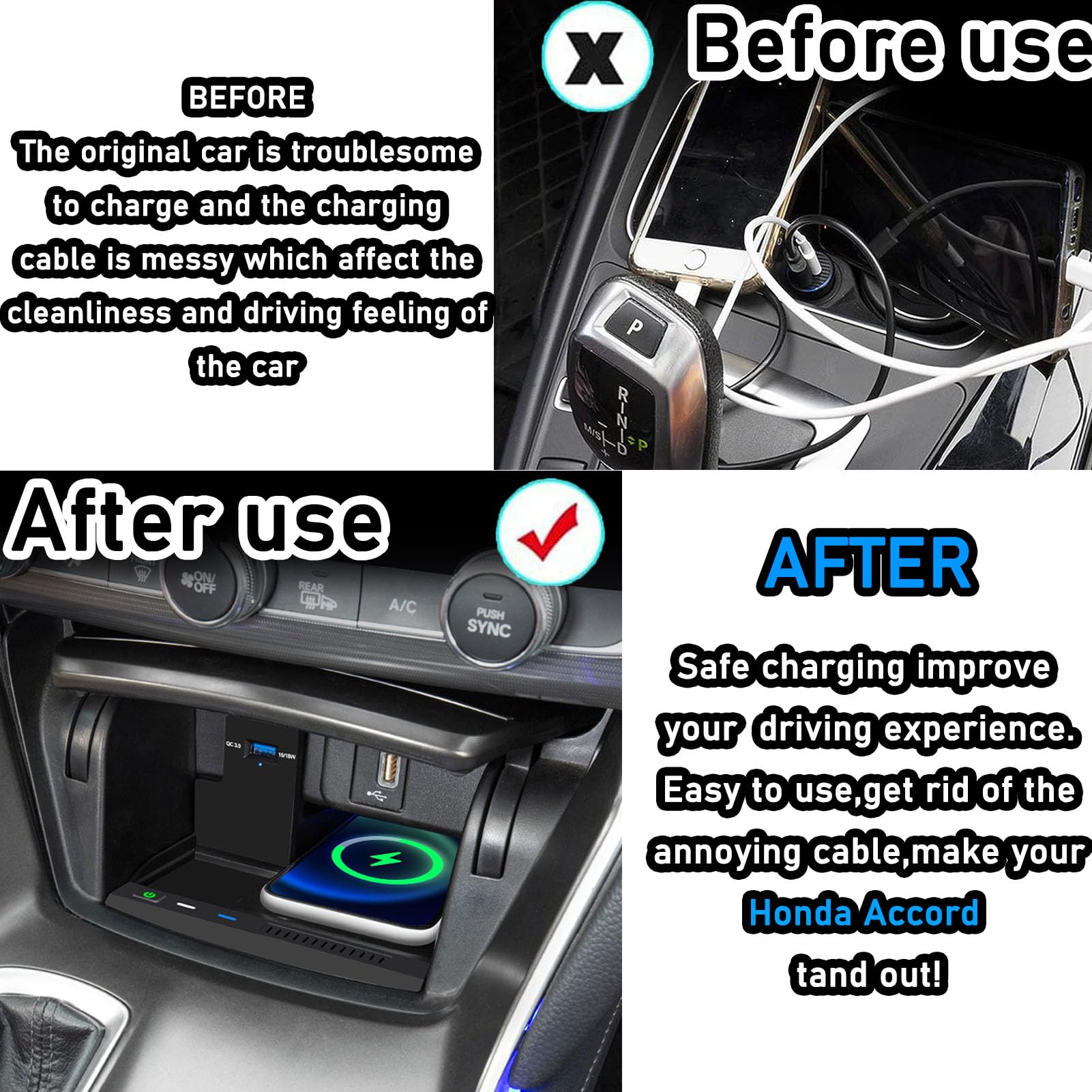 CenNa Caricabatterie per Auto Wireless per Hon-da Accord di Decima Generazione (2018-2022) Accessorio per Tutti I Modelli con Ricarica Rapida Wireless E USB Qc3.0 da 15 W, Regalo per La Famiglia