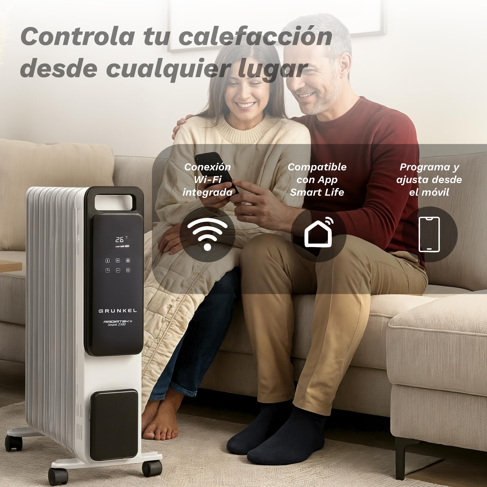 Radiador de Aceite GRUNKEL RD-2500PRO 2500W | 11 Elementos de Calor | Wi-Fi Integrado | Conectividad inteligente | Panel Táctil | Modo ECO | Programación 24H | Protección Antivuelco (2500W)