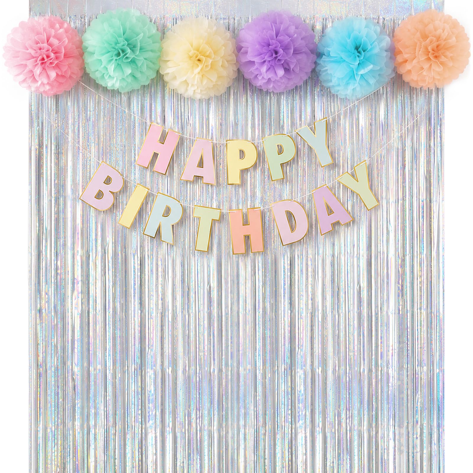 jijAcraft Silver Birthday Decorations Set: Pre-Strung Pastel Happy Birthday Banner, 2PCS Glitter Tinsel Foil Fringe Curtains, 6PCS Tissue Paper Pom Poms for Girls and Boys Party Decoration