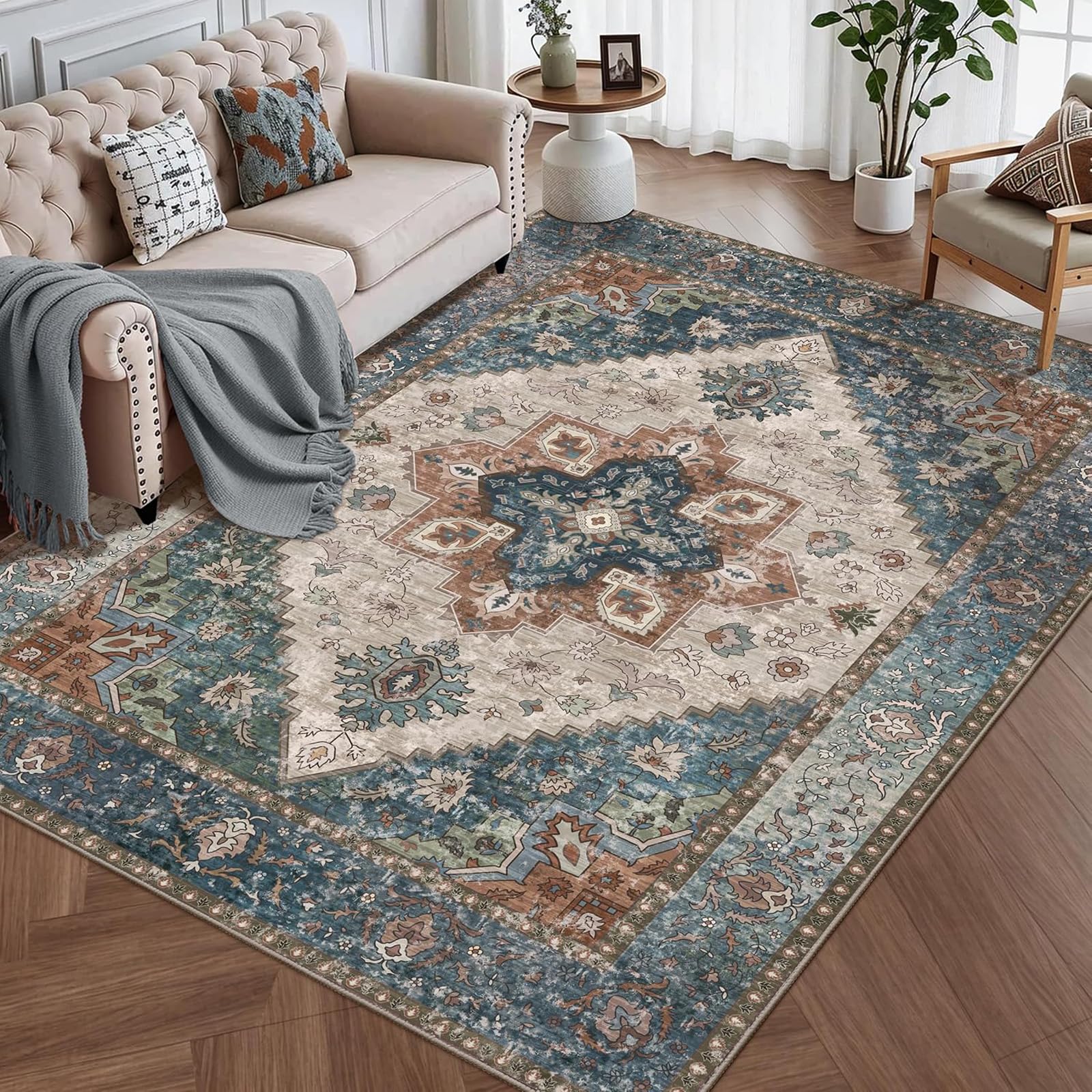 Tapis bureau à domicile ambiance vintage oriental rouge et crème