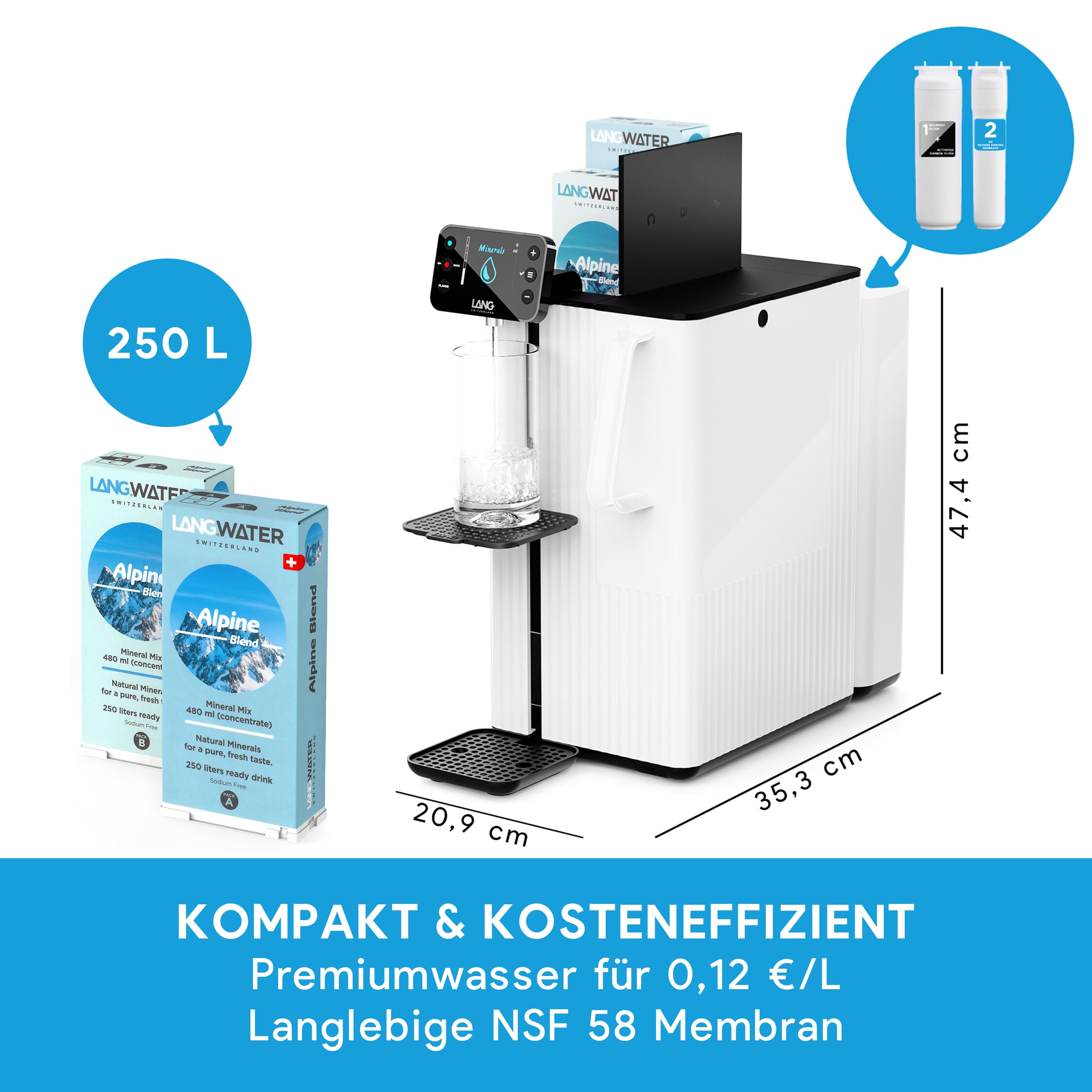 LANGWATER Auftisch Osmoseanlage mit Mineralisierung & Heißwasserspender - 4-stufiger Wasserfilter NSF58 RO UV