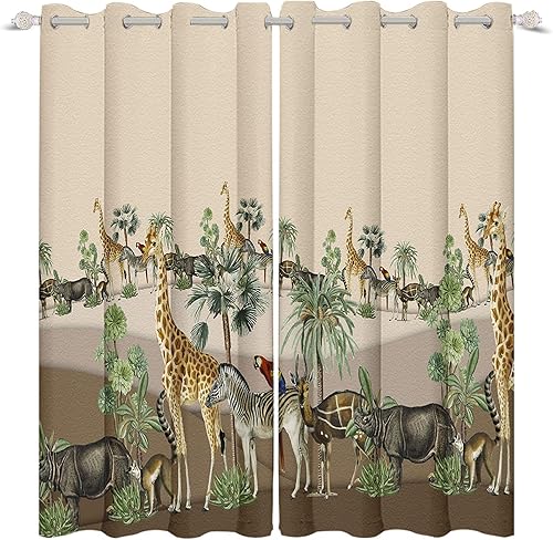 Vista 9 de Yeele Cortinas de 21 x 45 pulgadas para niños, diseño de animales de safari con ojales, estampado de selva de dibujos animados, aislamiento térmico