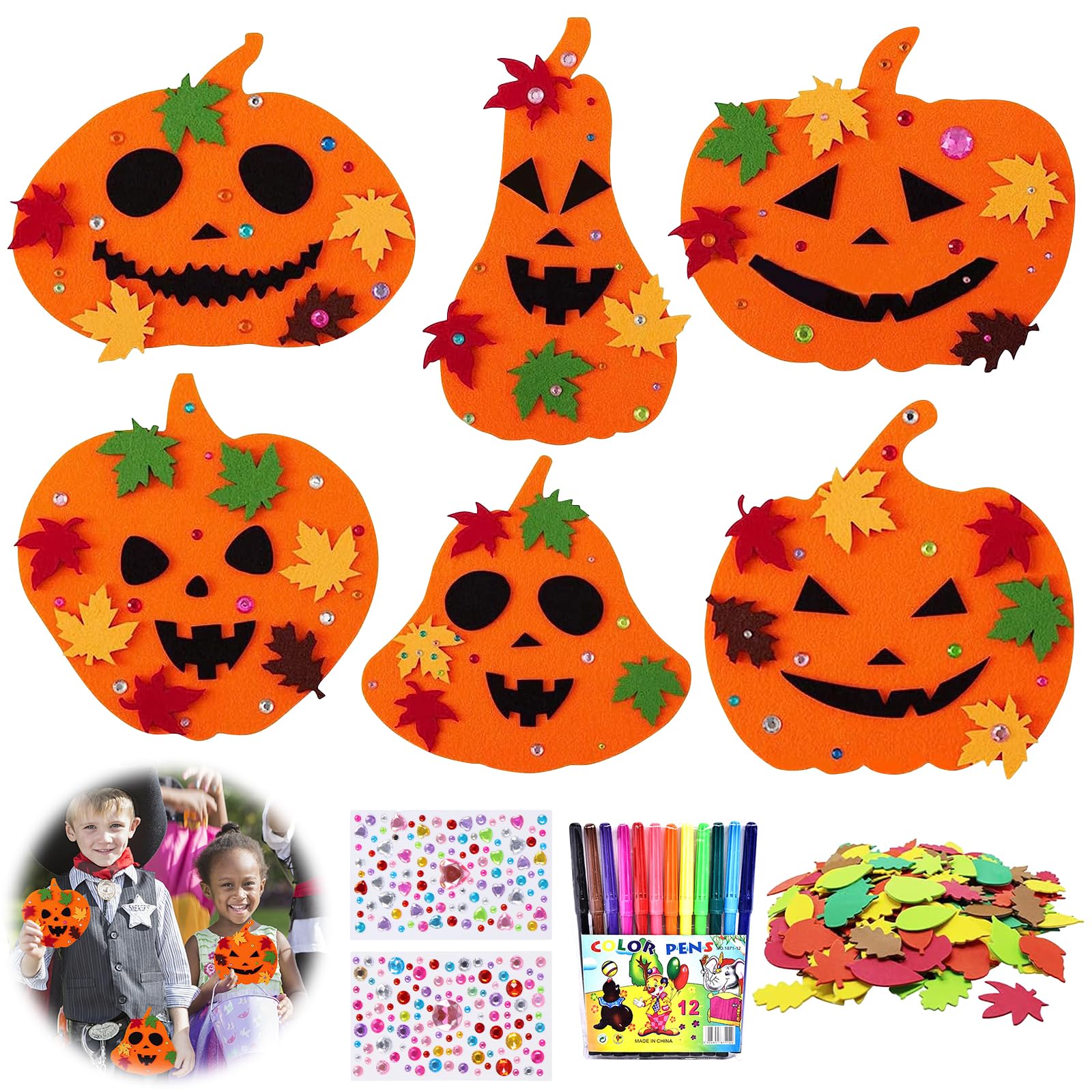 Kit DIY Citrouille Halloween En Feutre - 76 Pièces Avec Feuilles Et Strass - Activité Créative Pour Enfants
