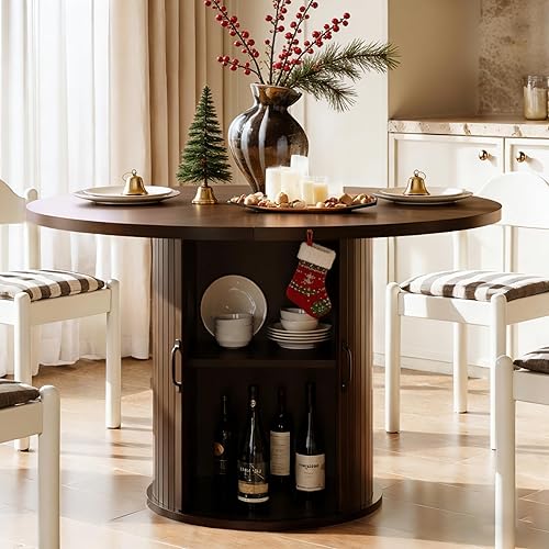 Vista 11 de Mesa de comedor redonda de 47 pulgadas para 4, moderna mesa circular acanalada con almacenamiento de 2 capas y puerta corrediza, mesas de comedor