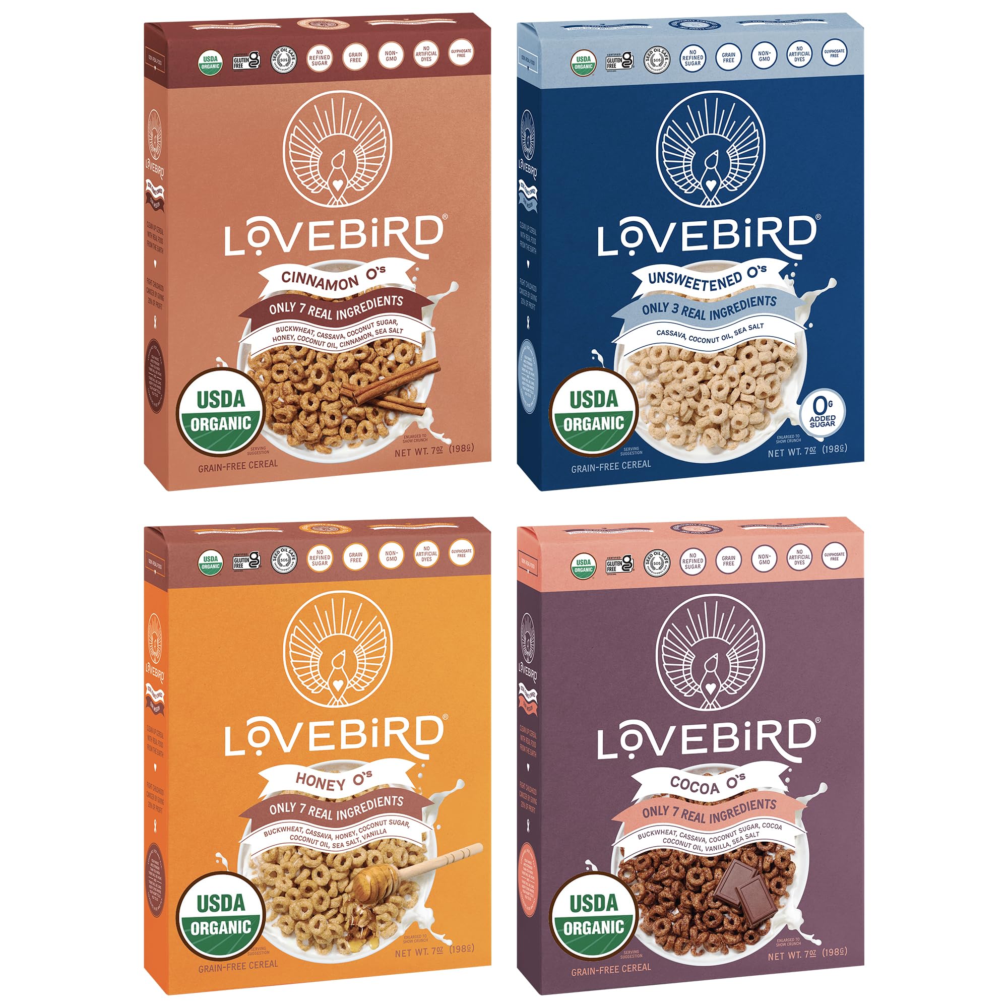 Lovebird Organic Cereal That Actually Tastes Good - 100% Real Food & Healthy Gluten Free Cereal, No Refined Sugar, Paleo, Keto Friendly Healthy Snacks for Kids, Adults - Variety, 4-Pack