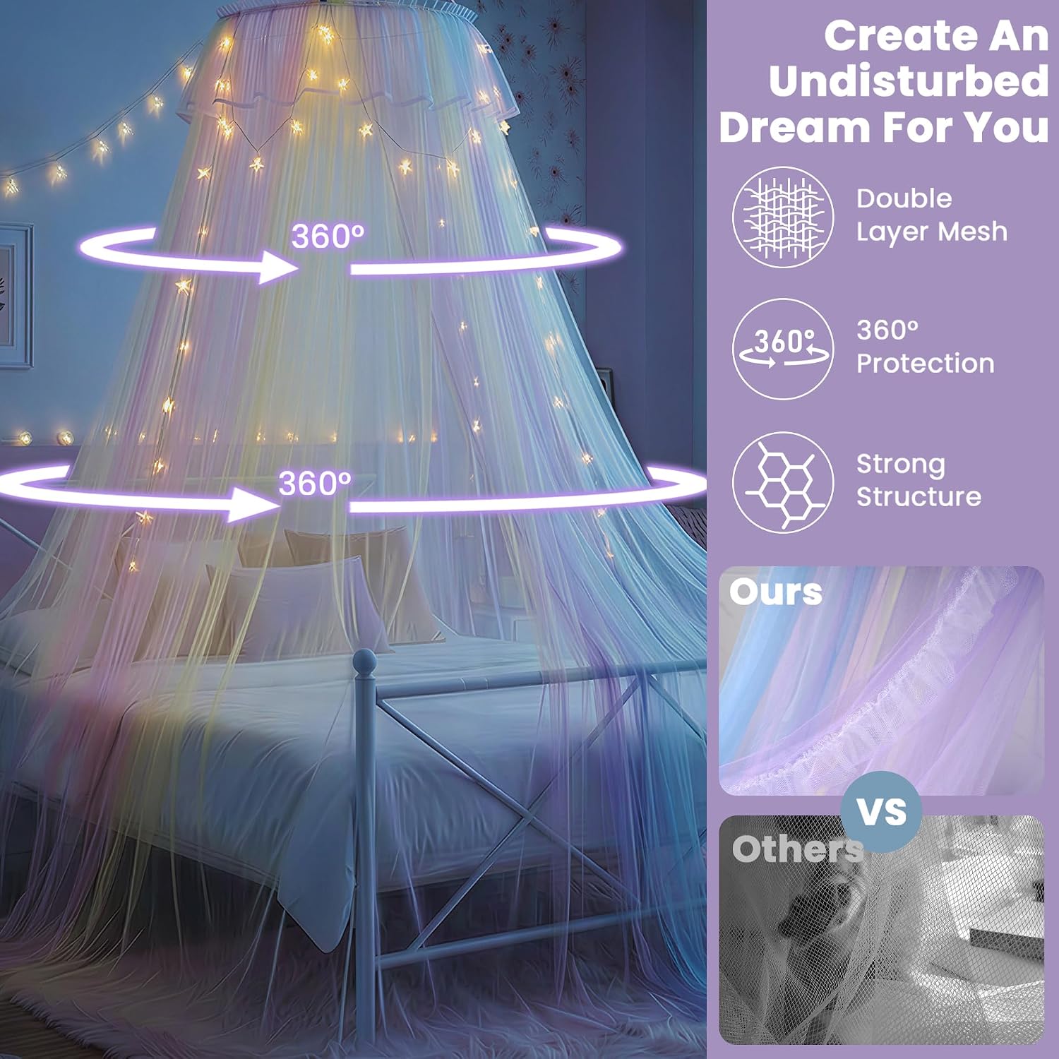 Bed Canopy w/Lights Pastel Color for Girls for Queen/King Bed | Double Layer Mesh, Mosquito Net, Bedroom Decor
