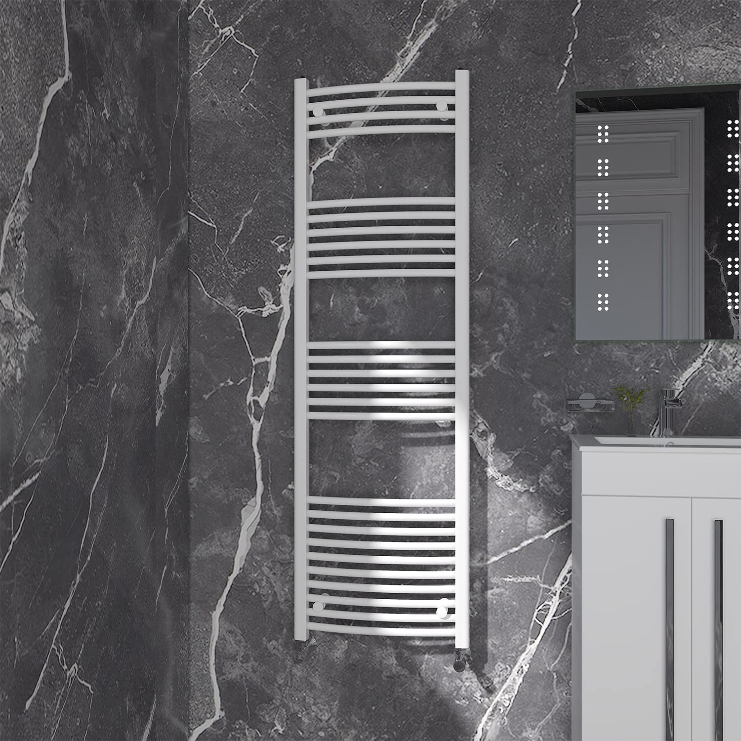 NRG Gloss White Curved Central Heating Towel Rail Bathroom Heated Rad Radiators Ladder Warmer - 1600×500mm