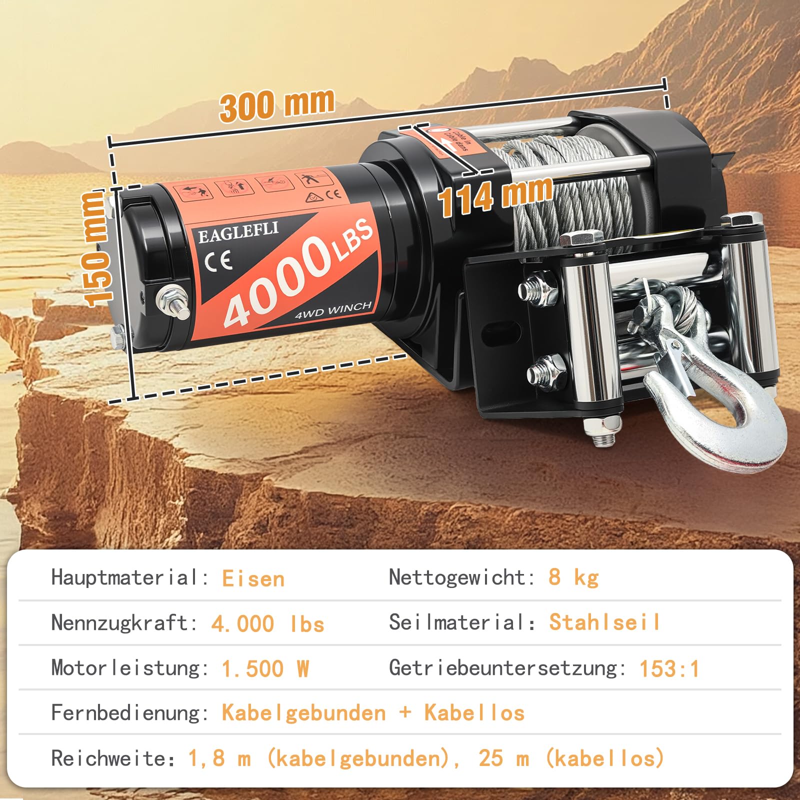 12V-Seilwinde, 4000 lb/1814 kg Zugkraft, Elektrische Winde mit synthetischem Seil (4,4 mm/11 m), Stahlseil,Funk-/Kabelfernbedienung, Synthetisches Seilwinde zum Abschleppen von Jeeps und Booten