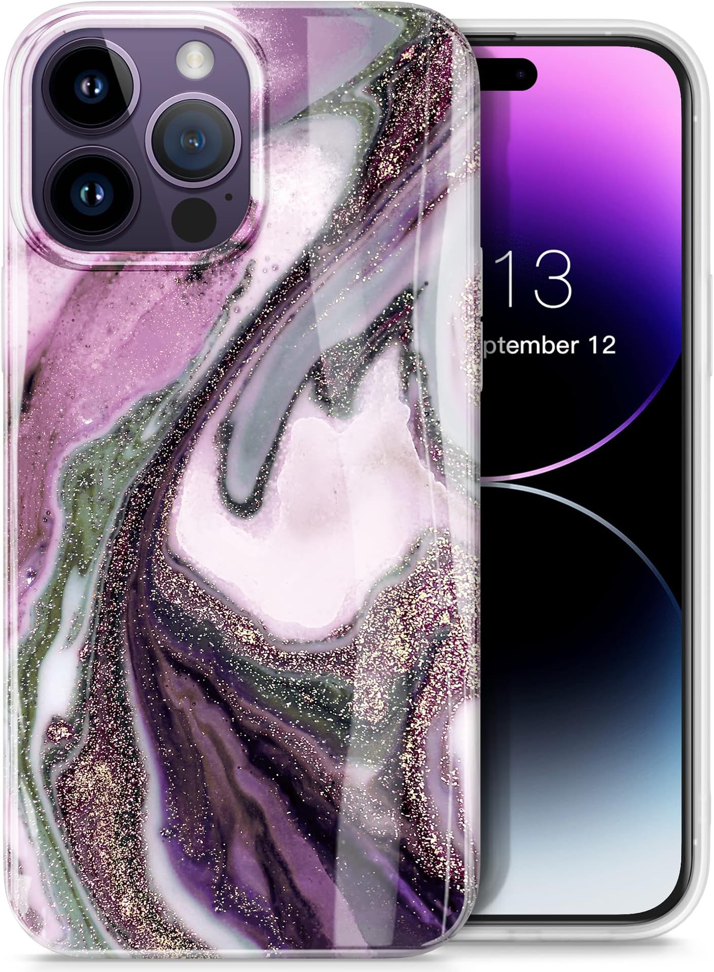 GVIEWIN Compatible with iPhone 14 Pro Max Case,[10FT Military Grade Drop Protection] Marble Shockproof Protective Slim Glossy Stylish TPU Durable Phone Cover Case 2022 6.7 Inch(Jupiter/Purple)