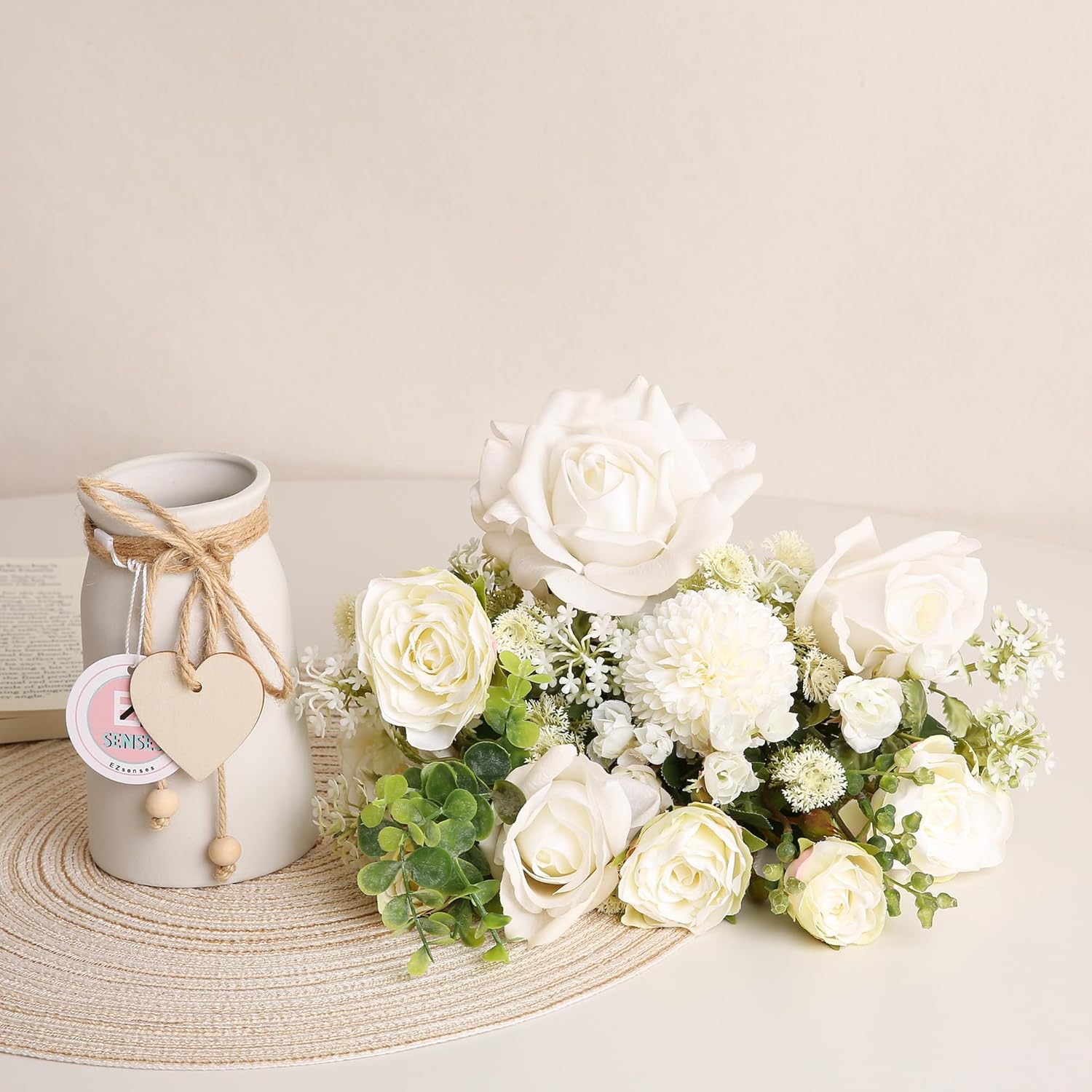 Fake Flowers with Vase, Silk Roses Daisy Artificial Flowers, Faux Eucalyptus Arrangement for Home Decor, Dining Table Centerpiece, Living Room Coffee Table Silk Flower Bouquet (White & Green) - Image 5