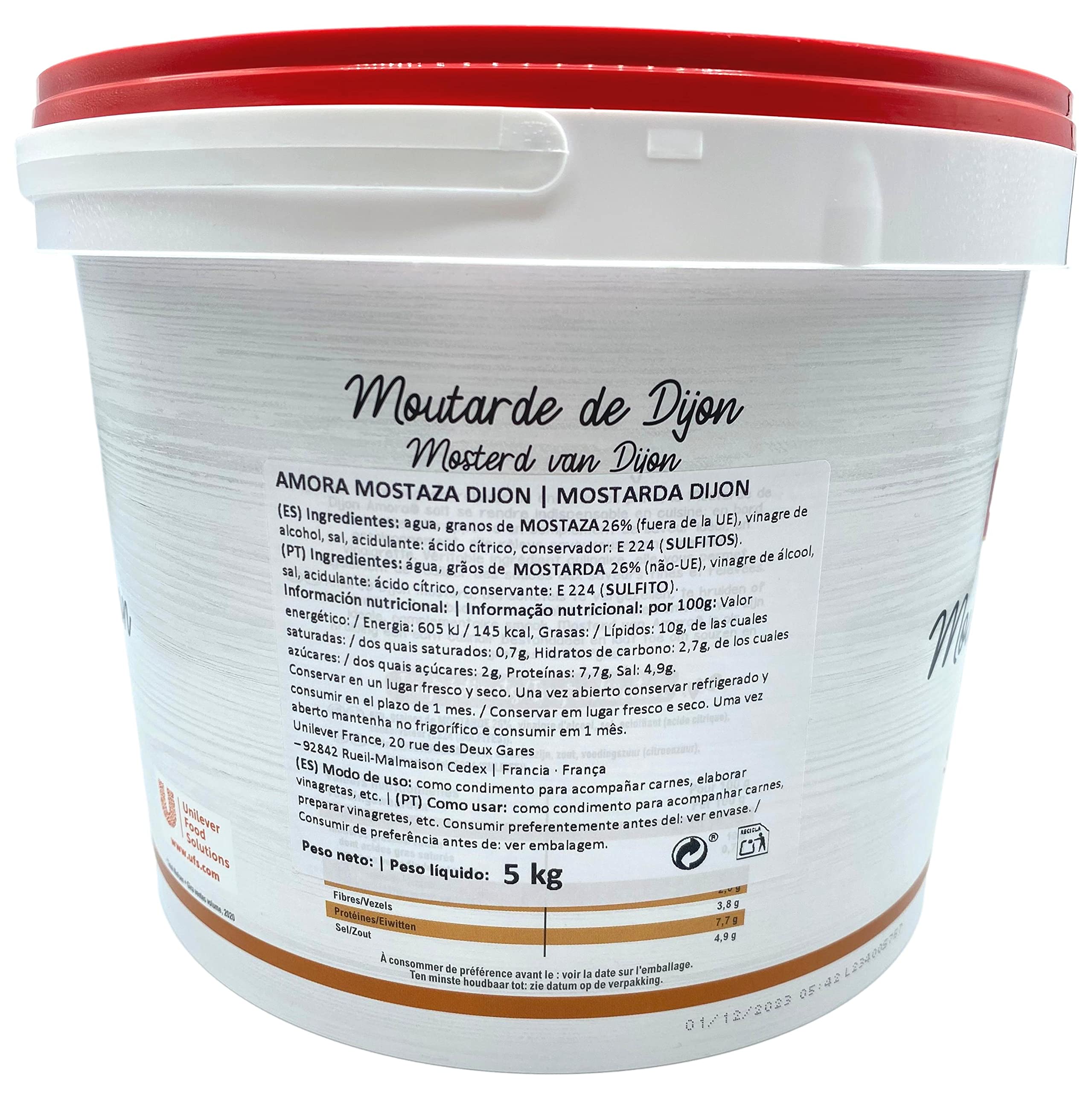 Amora - Mostaza Dijon, Salsa Mostaza, Ideal para Condimentar, A base de Granos, 5Kg