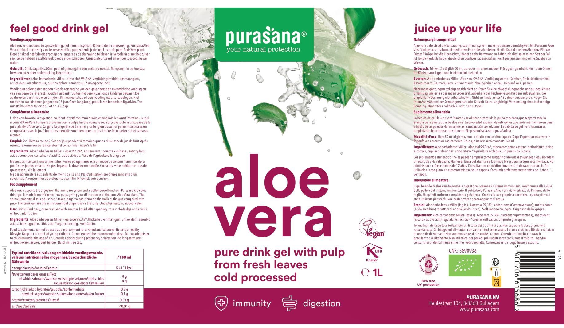 Purasana® Aloe Vera Saft Trinkgel 99,3% - 1L, Reines Kaltgepresstes Aloe Gel aus dem Inneren des Blattes, Fördert Hautgesundheit & Hydratation, Vegan & Bio-Zertifiziert