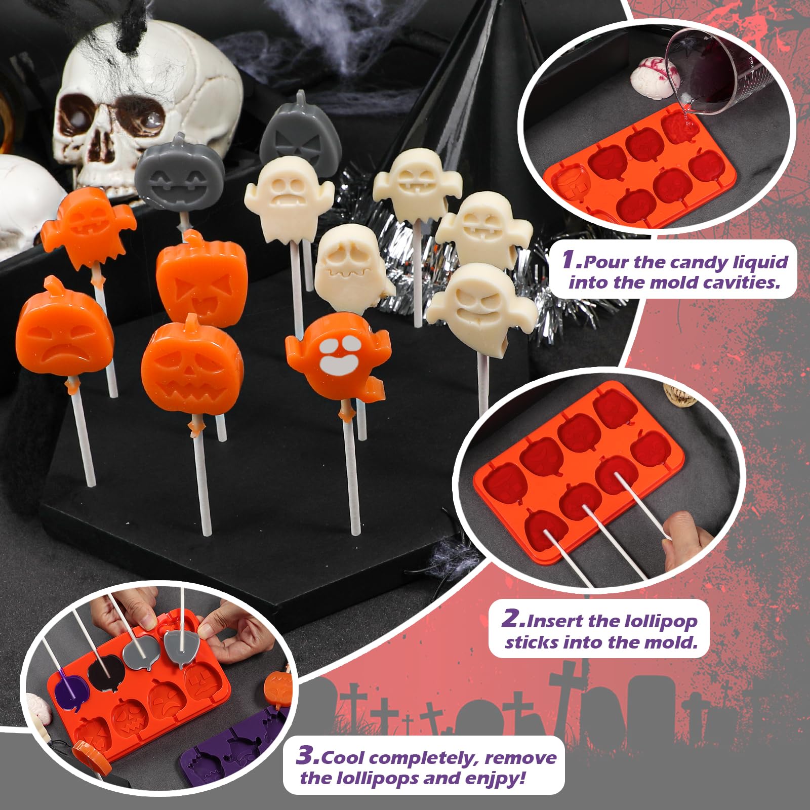 Fácil Desmoldar Kamehame - Molde De Silicona Para Chocolate, Con Calavera Y Dientes De Vampiro Y Araña Para Decoración De Fiestas De Halloween Y Pasteles (4 Unidades Molde Repostería Temático