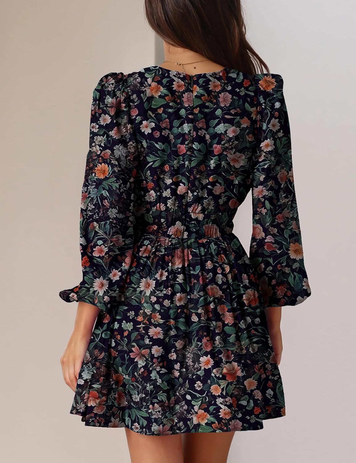 FAIABLE Mini Deep V Sexy Long Sleeve Dress for Women A-line High Waisted Casual Flowy Dress for Cocktail Wedding Guest