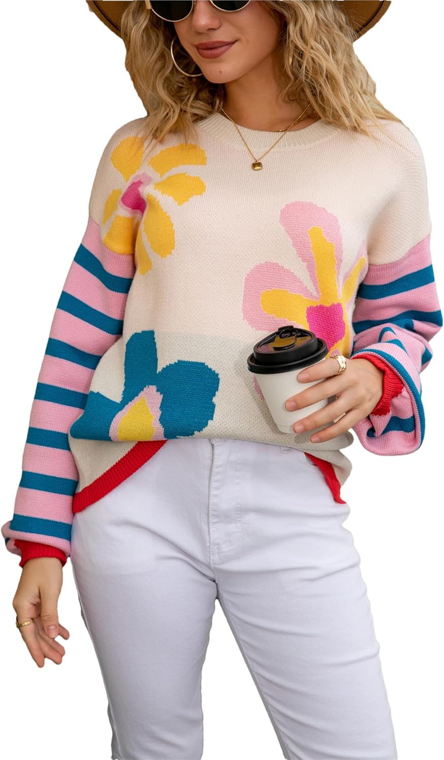 Womens Cute Floral Print Crewneck Sweater Fall Loose Long Sleeve Aesthetic Knit Tops Pullover Jumper Sweaters