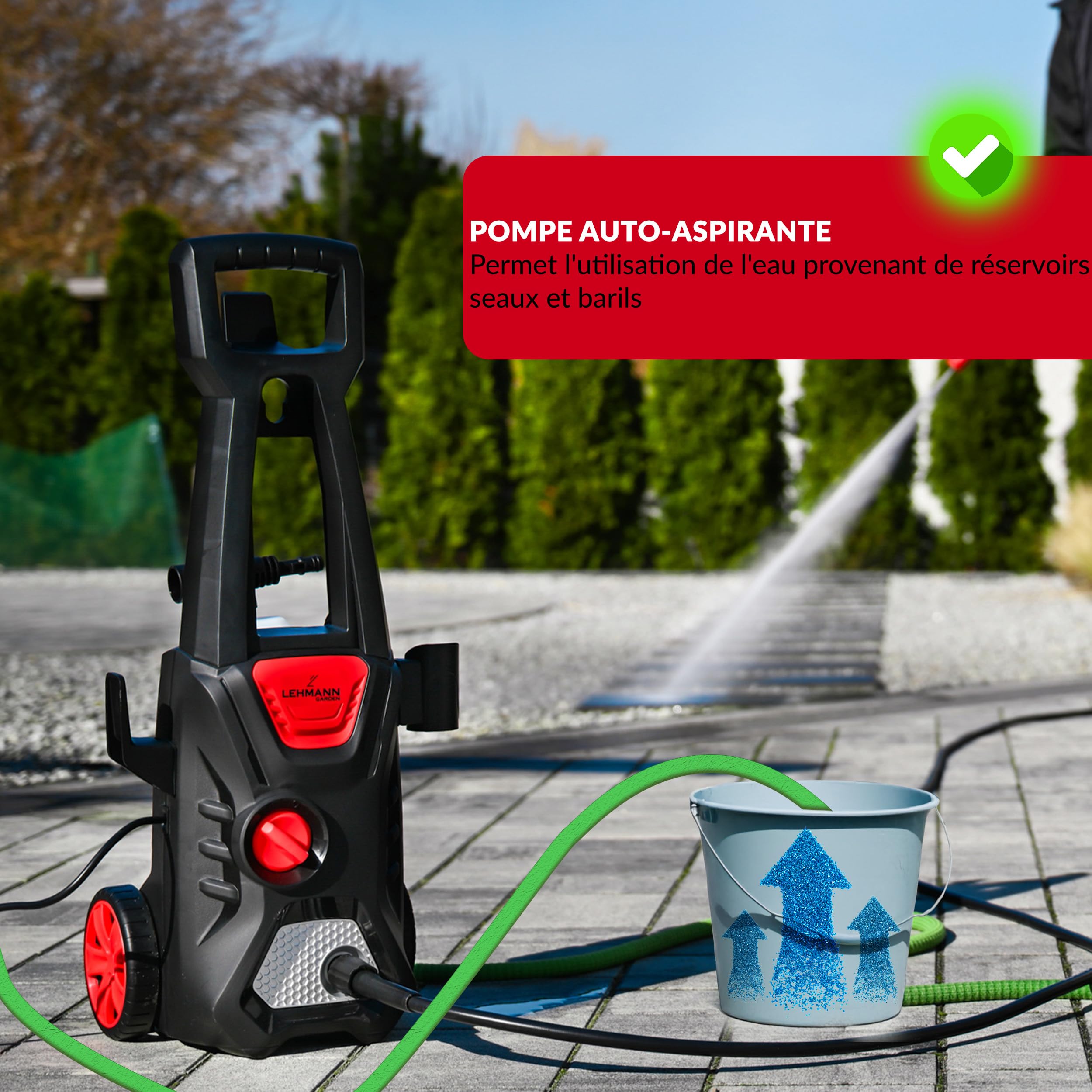 LEHMANN Nettoyeur Haute Pression Jukon, 1600W, Max. 200 Bar, Débit 480 l/h, Tuyau 5m, Pompe Aluminium, Filtre à Eau, Kit D'accessoires - Buse Turbo, Canon à Mousse, Brosse pour Terrasse et Voiture