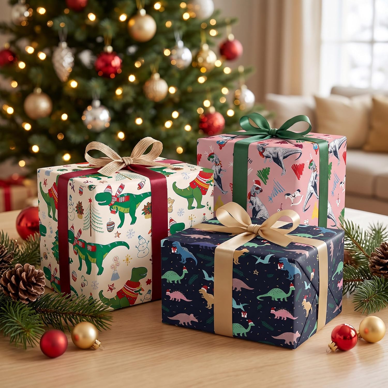 Dinosaur Christmas Wrapping Paper Sheets for Boys Girls Kids - Colorful Dinosaurs, Santa Hats and Christmas Tree Designs - Gift Wrap for Birthday, Baby Shower, Holiday - 6 Sheets, Each 28 x 40 Inches image 5
