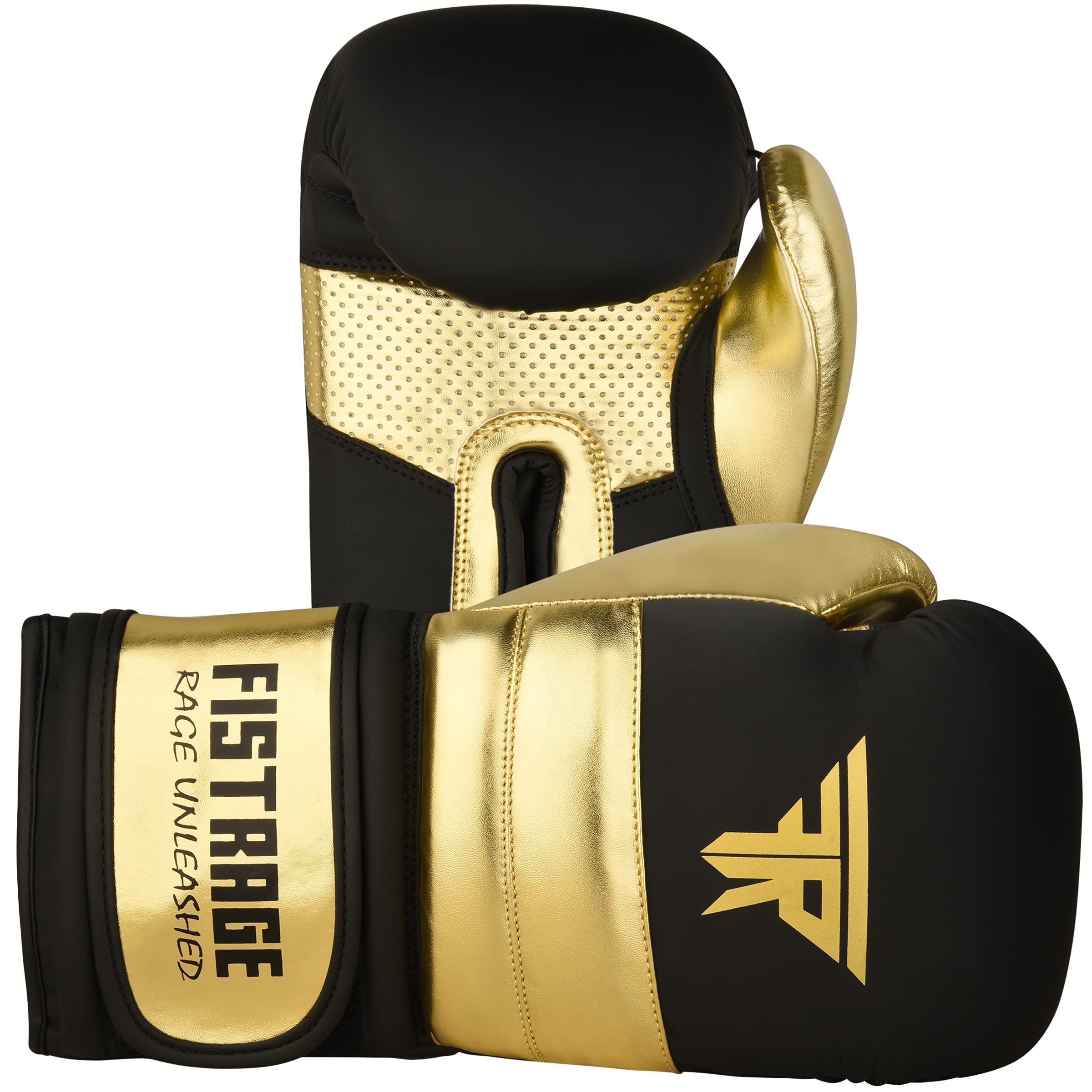FISTRAGE Rękawice bokserskie, metaliczne, skórzane, MMA, trening muay thai, kickboxing, sparingi, ciężka torba, rękawice treningowe, rękawice dla mężczyzn i kobiet, złoto-czarne, 295 ml