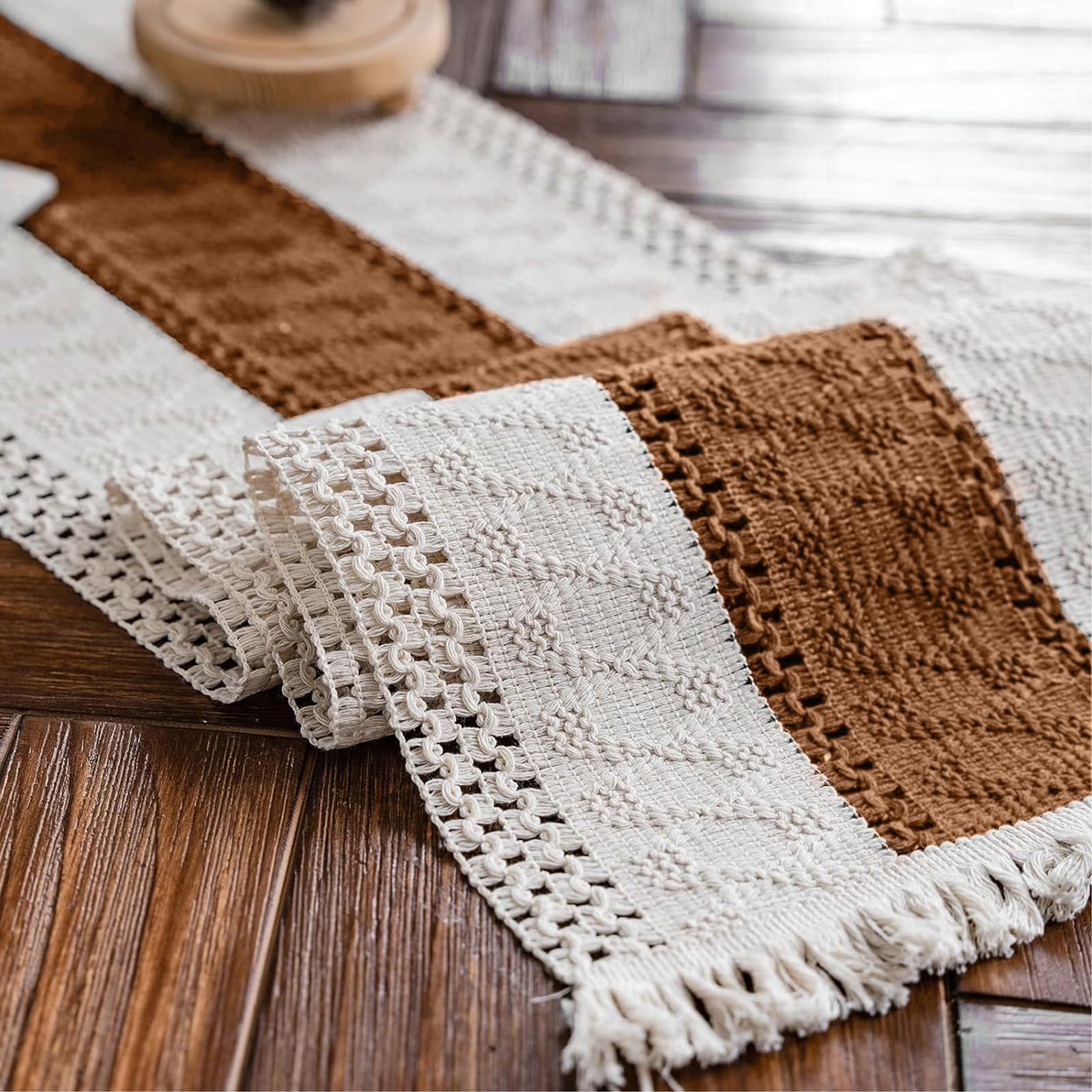Weldomcor Macrame Table Runner Caramel Beige Boho Table Runners with Tassels Hand Woven Cotton Table Cover Rustic Farmhouse Table Decoration for Bohemian Kitchen Dining Table 30 x 120 cm