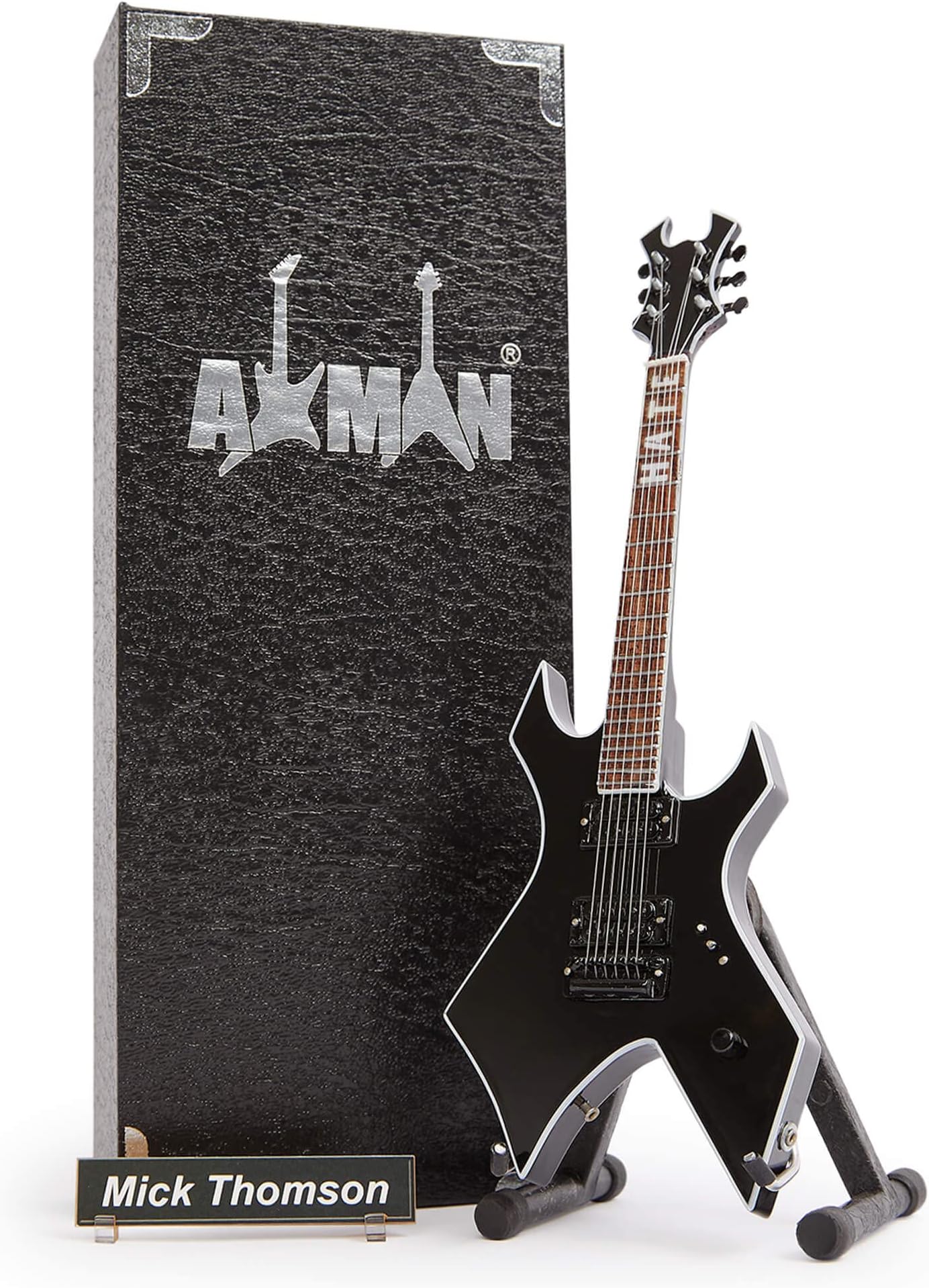 AXMAN Mick Thomson (Slipknot): B.C. Rich Warlock - Miniature Guitar Replica - Music Gifts - Handmade Ornamental 1/4 Scale - Includes a Display Box, Name Tag and Miniature Guitar Stand