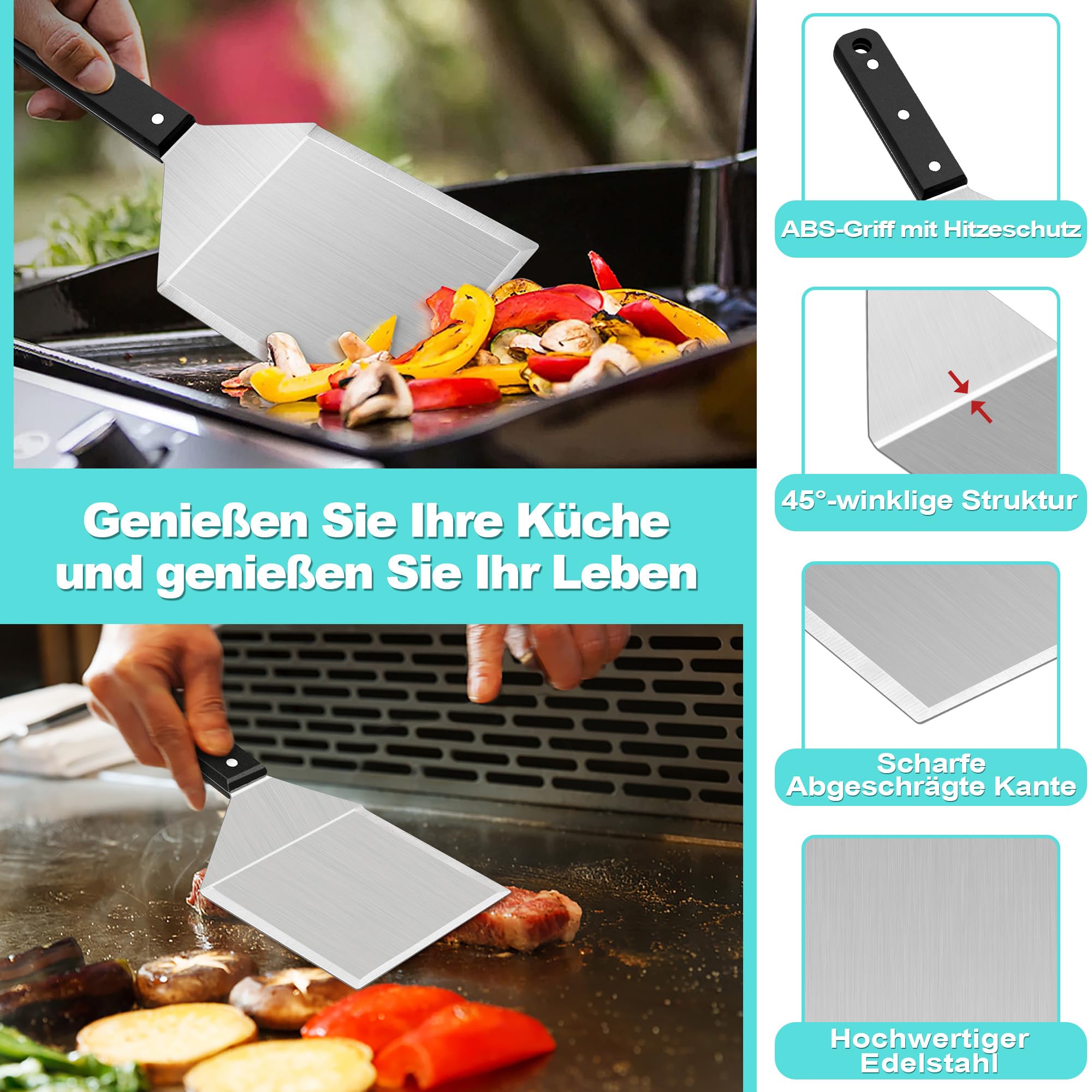 35 stuks grillspatelset van roestvrij staal, teppanyaki grillschep, Smash Burgerset, met burgerbel en plancha accessoires, voor barbecue, picknick, camping