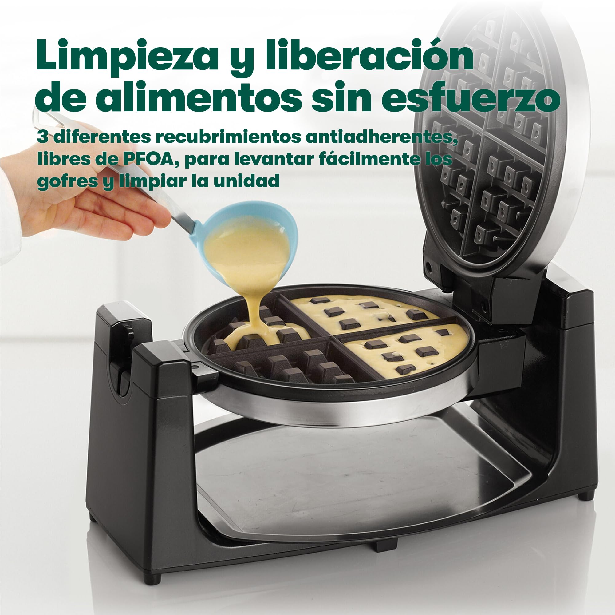 bella Gofrera para gofres belgas giratoria clásica con placas antiadherentes, bandeja de goteo extraíble, control de dorado ajustable y asas de tacto frío., Acero inoxidable