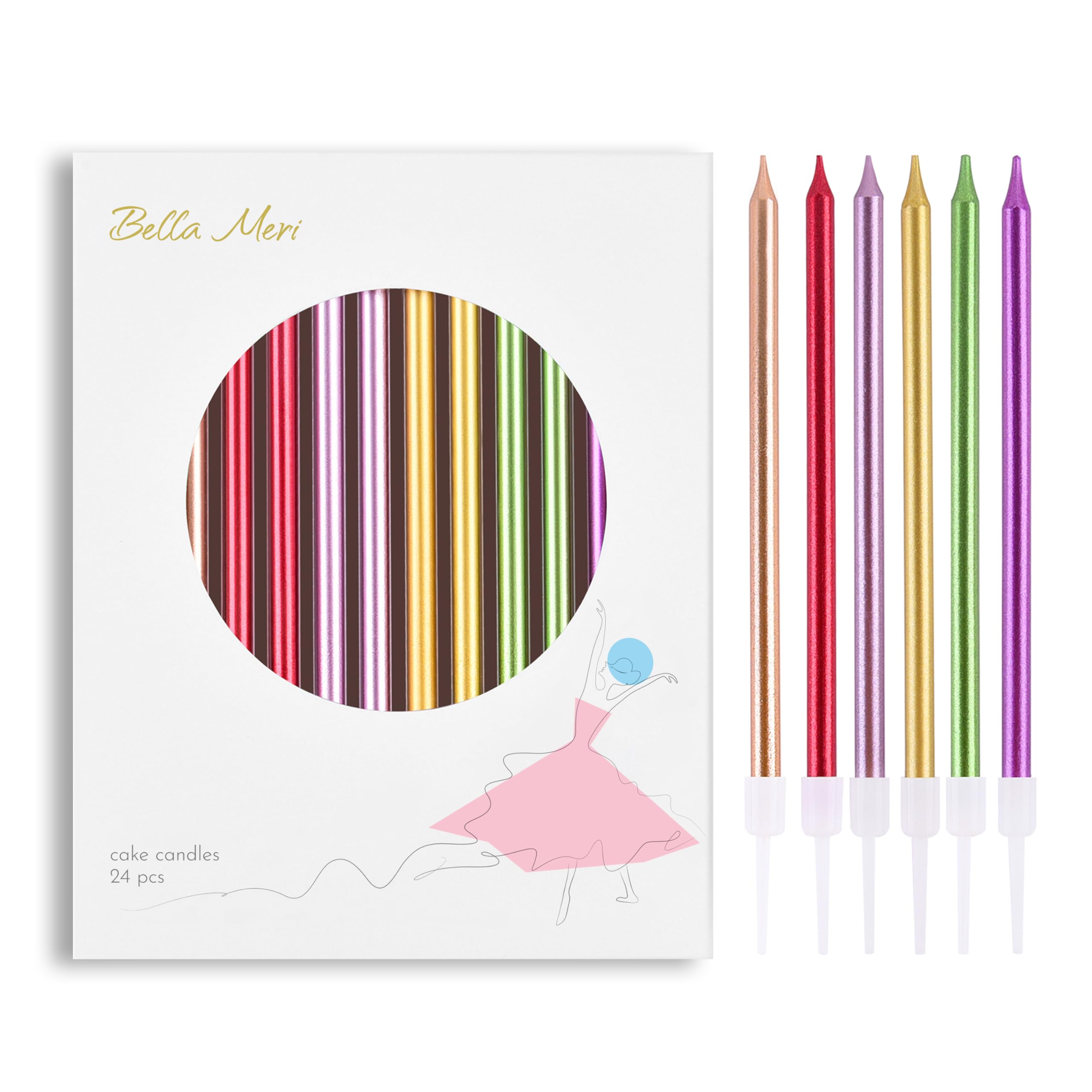 Bella Meri Colorful 24-Count Long Thin Metallic Birthday Candles, Cake Candles, Birthday Parties, Wedding Decorations, Party Candles