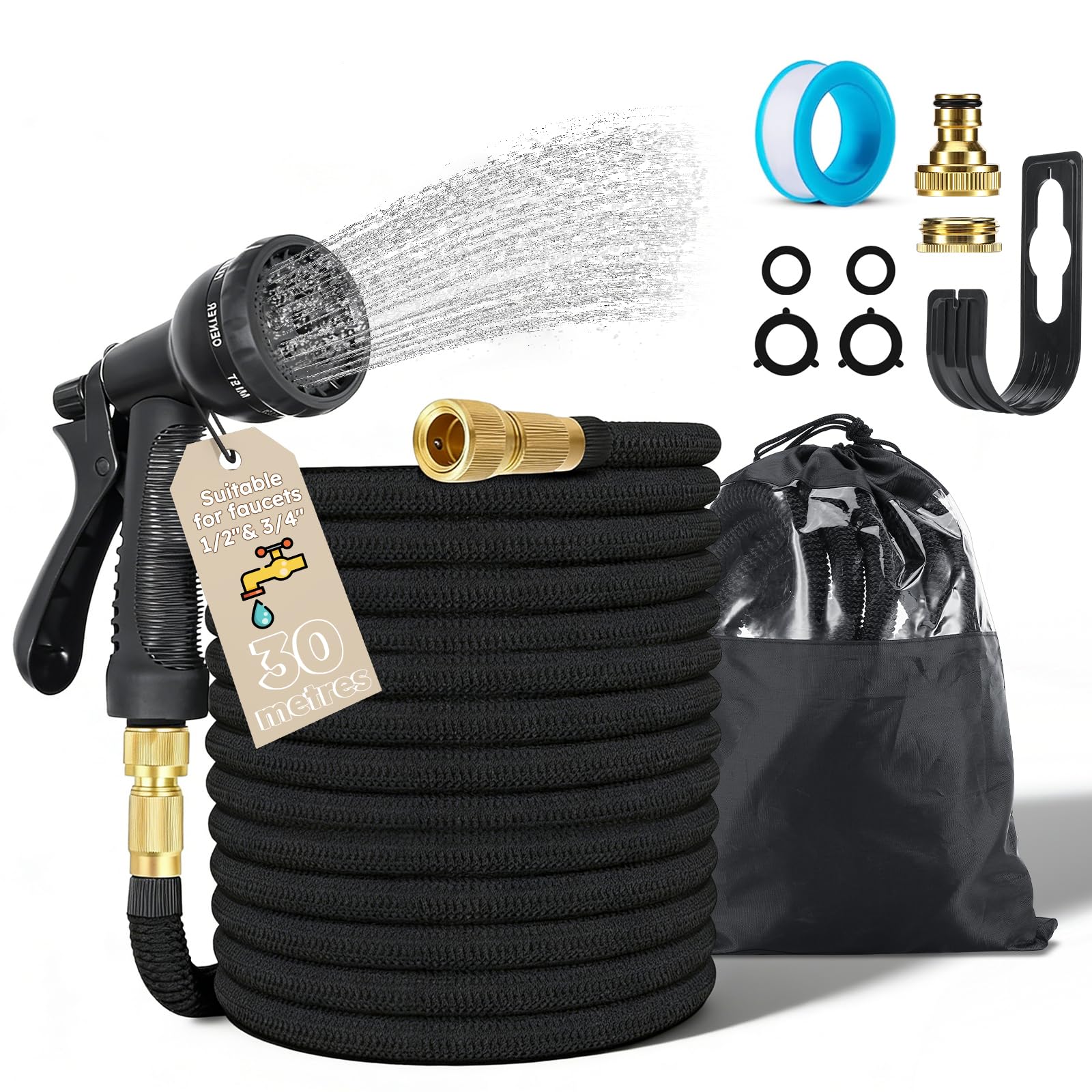 Manguera Extensible 30m, Mangueras Jardineria Flexible con Pistola Rociadora de 8 Funciones y Conectores de Latón de 1/2 y 3/4 Pulgadas, para Jardín Grande, Lavado Coche Casa, Negro