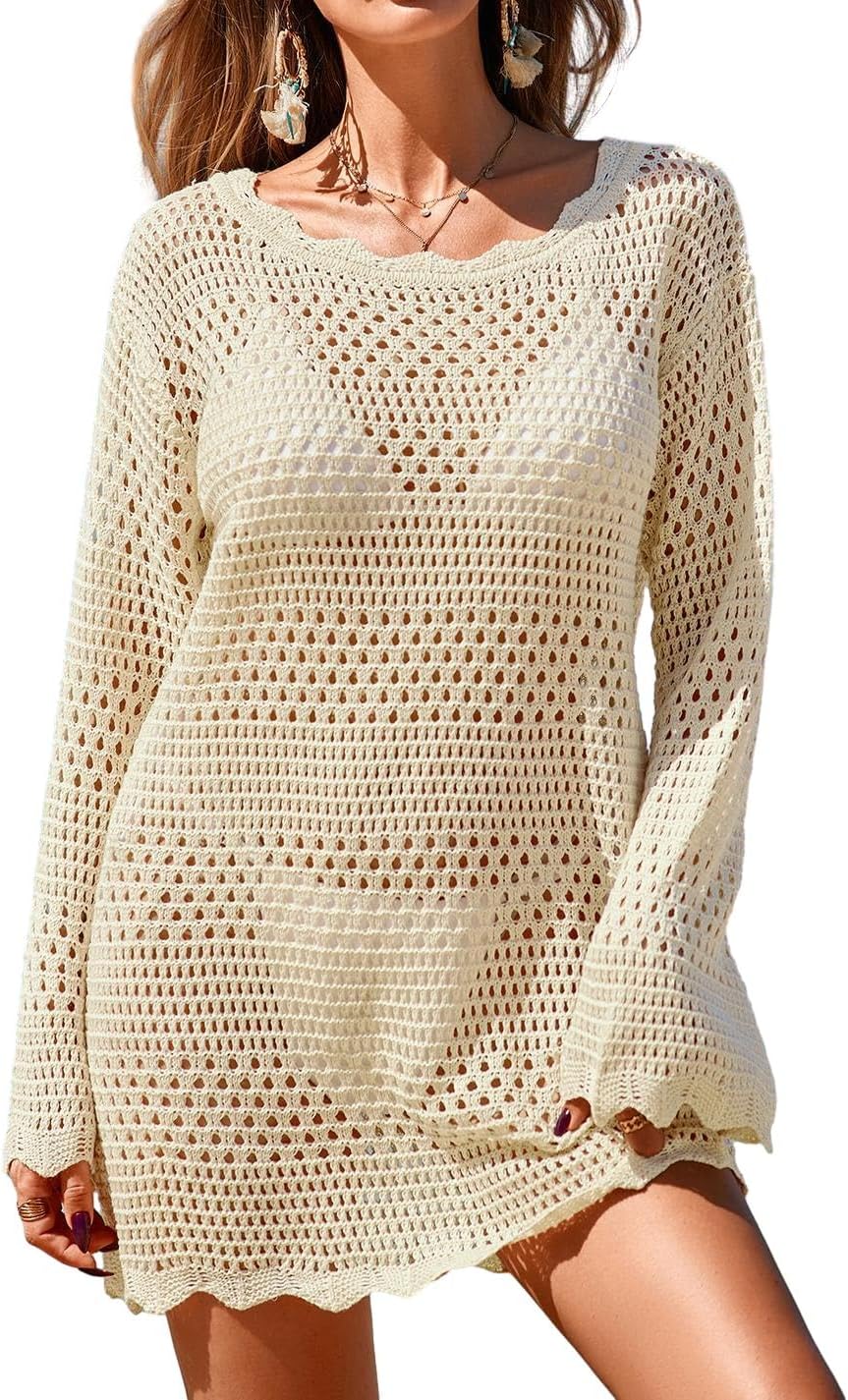 Womens Crochet Knit Swimsuit Coverup Mini Dress Summer 2026 Boat Neck Wavy Trim Beach Bathing Suit Cover Up