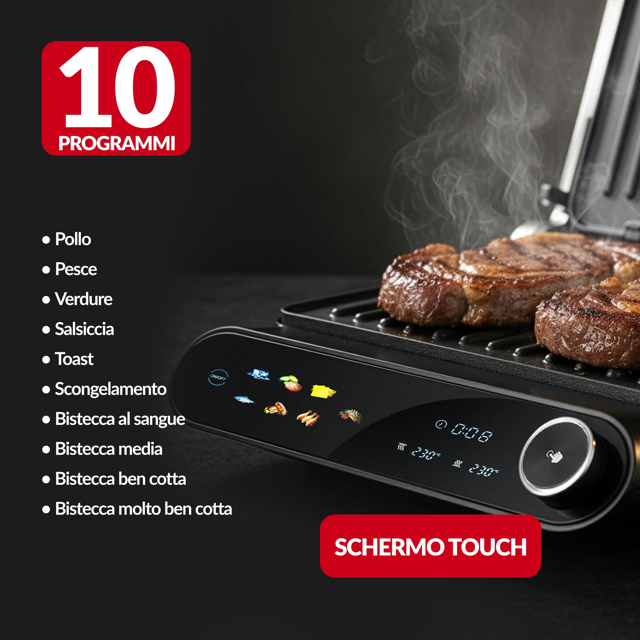 LEHMANN Bistecchiera Elettrica, 2000 W, Apertura 180°, Piastre Antiaderenti Rimovibili, 10 Programmi, Regolazione Temperatura 90-230°C, Timer 1-240 min, Griglia per Cucinare Carne, Pesce e Verdure