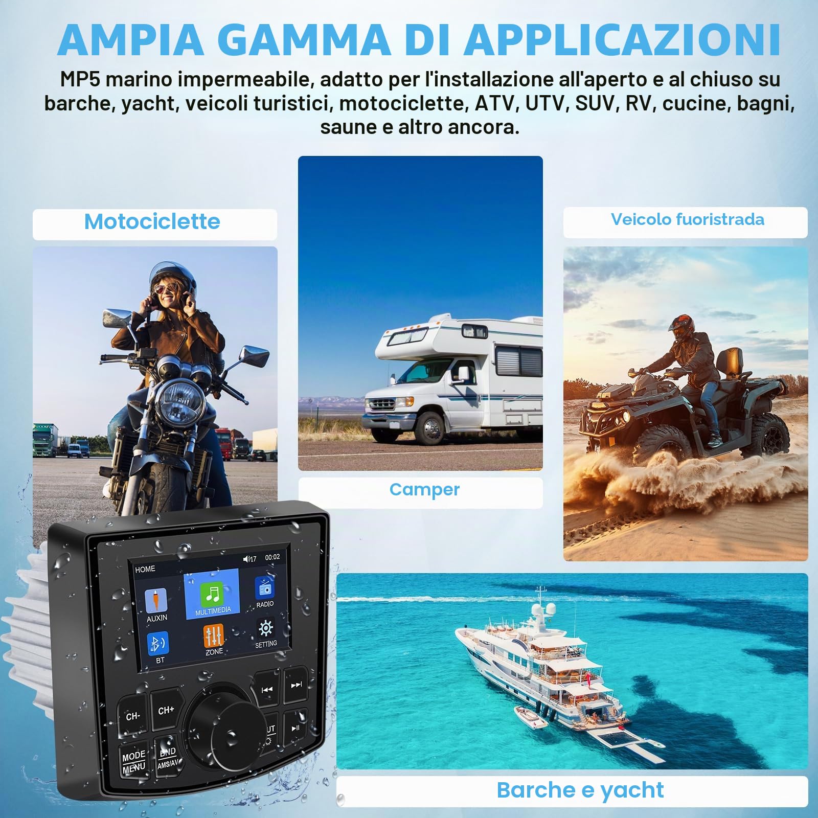 Geloo FM/AM Radio Marine Stereo Barca Marino Autoradio Impermeabile per Barca Nautica, MP5 Player Universal con 4 Pollici Digitale Display per Barche, Yacht, Golf Cart, ATV, Camper,SUV
