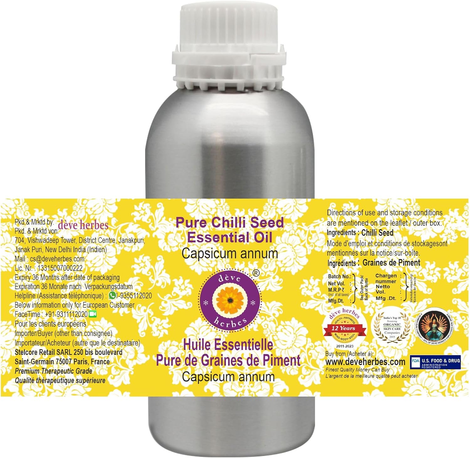 Deve Herbes Pure Chilli Seed Essential Oil (Capsicum annum) Steam Distilled 630ml (21 oz)