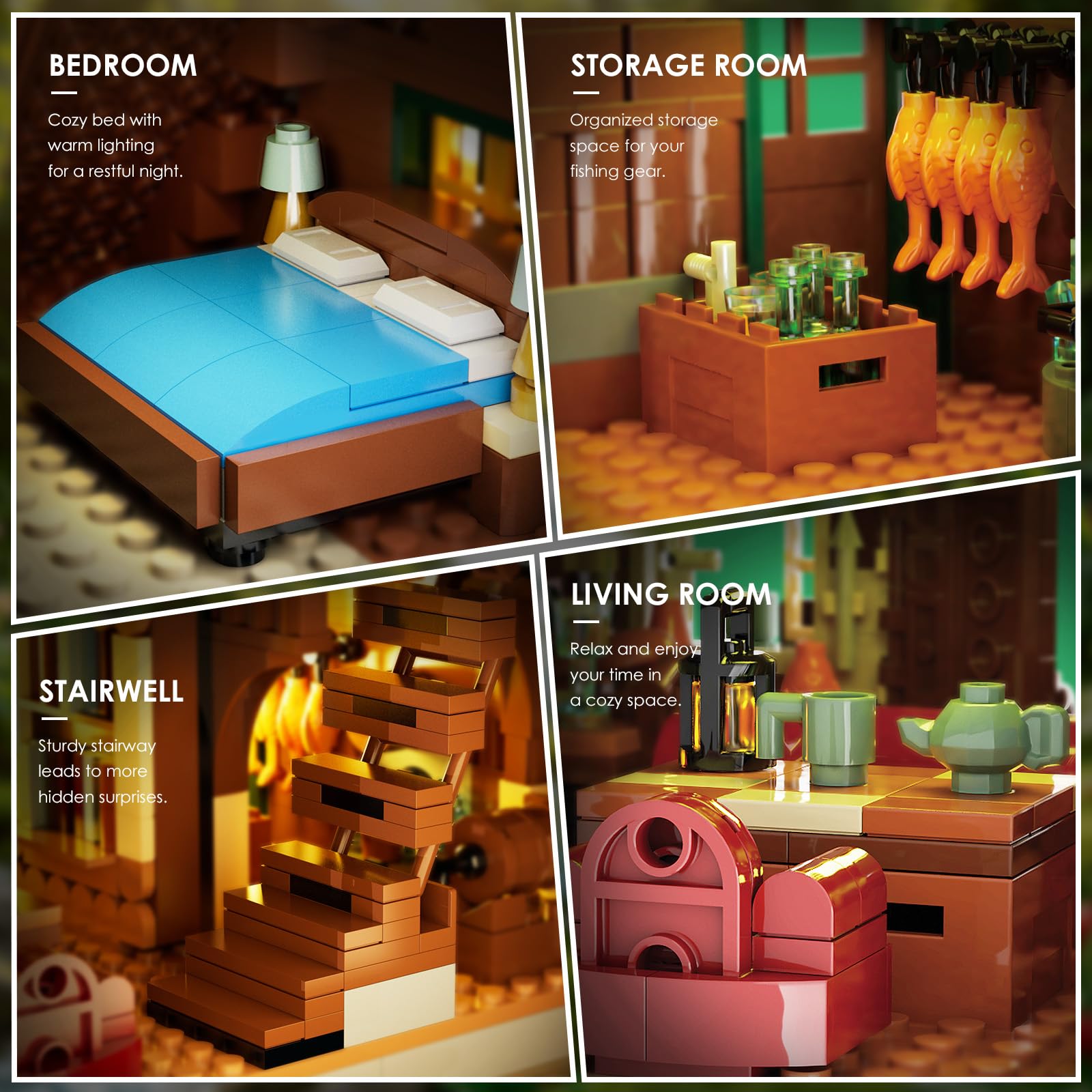 INSOON Jeu de Construction Maison en Bois avec lumières Adultes | Mini briques de construction, chalet forestier avec animaux, modèle décoratif pour maison et bureau, cadeau femmes hommes