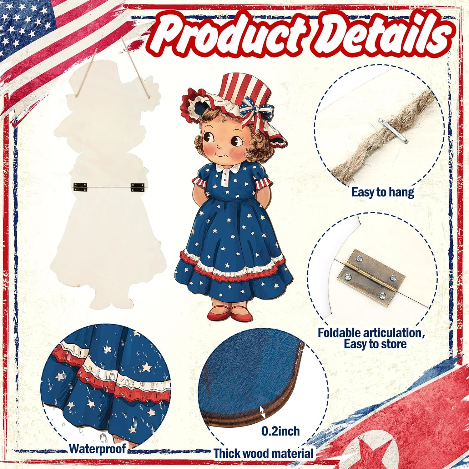 Shellwei 2 Pcs 4th of July Hanging Sign Wooden Patriotic Front Door Decorations Memorial Day Hanging Decorations for Independence Day 250th Anniversary Home Front Porch Wall Indoor Outdoor Door Hanger