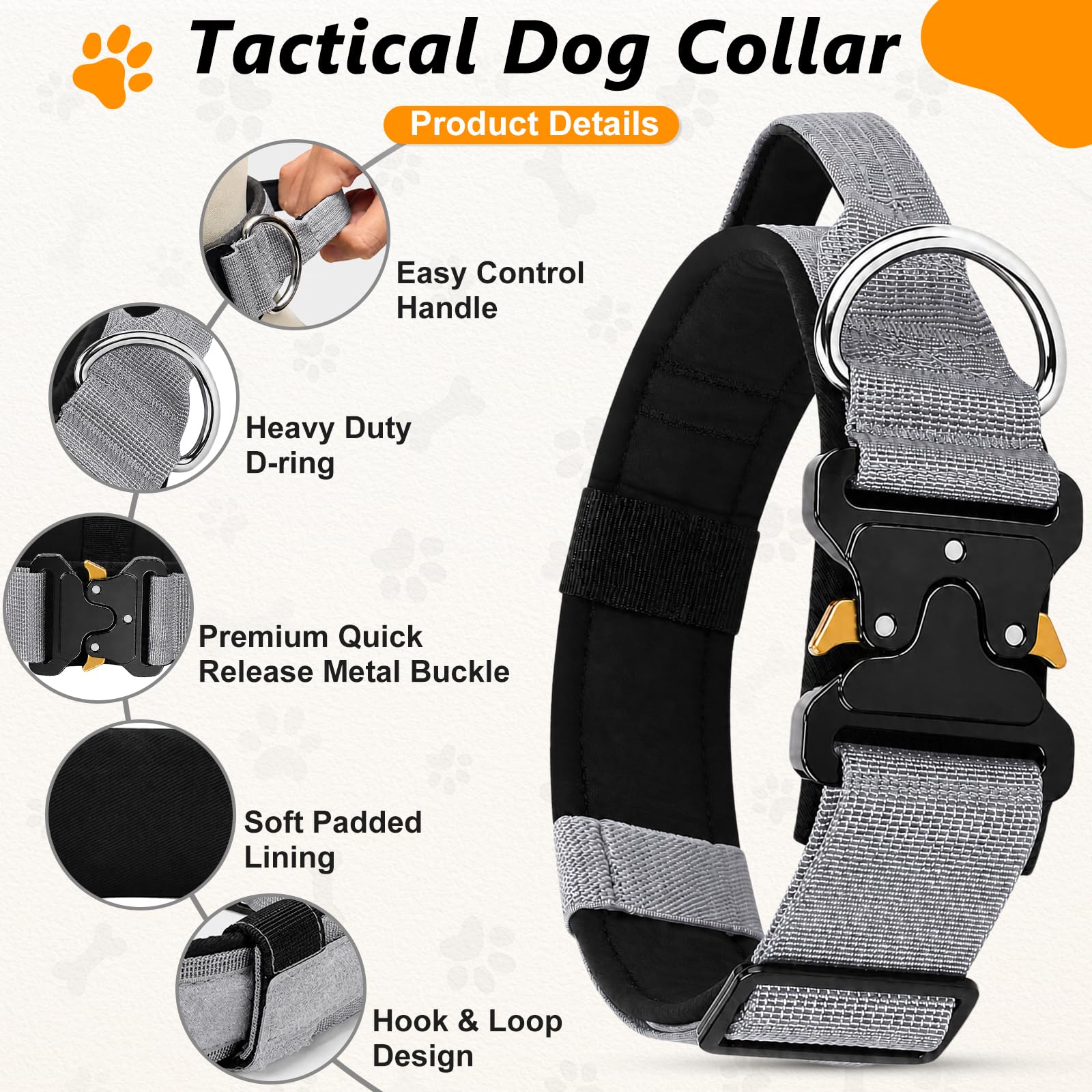 Collare Cane Tattico con Manico, Militare Regolabile (Grigio, L) | Fibbia in Premium D-Ring, Imbottito in Nylon, Resistente e Spesso, per Cani di Taglia Media Grande Caccia Allenamento Caccia
