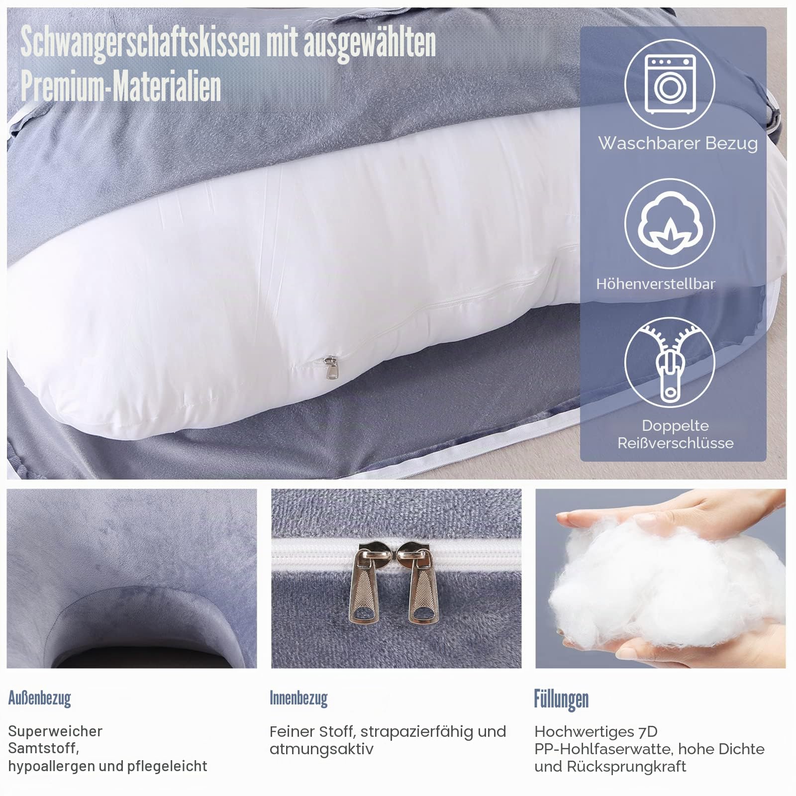 Labtec Schwangerschaftskissen, U förmiges Ganzkörperkissen, Stillkissen, J-förmiges Seitenschläferkissen, Body Pillow, Abnehmbarer Samt-Kopfkissenbezug