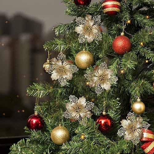 Miniatura 4 de DULRLLY 10 piezas de flores de pascua azules con purpurina, flores artificiales de Navidad con clip, decoraciones de flores de Pascua para árbol de