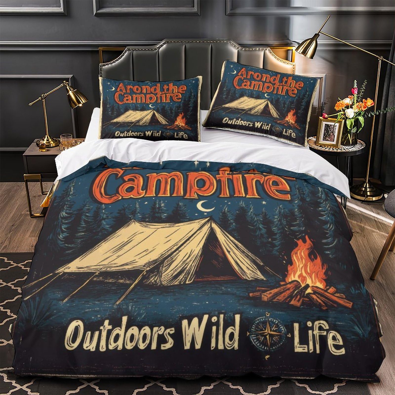 Housse de couette légère et anti-plis imprimé feu de camp pour couples et famille