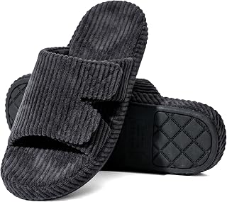 Corduroy Home Slippers with Low Arch Support Rubber Sole | Adjustable Indoor House Shoes for Men and Women with Striped Texture