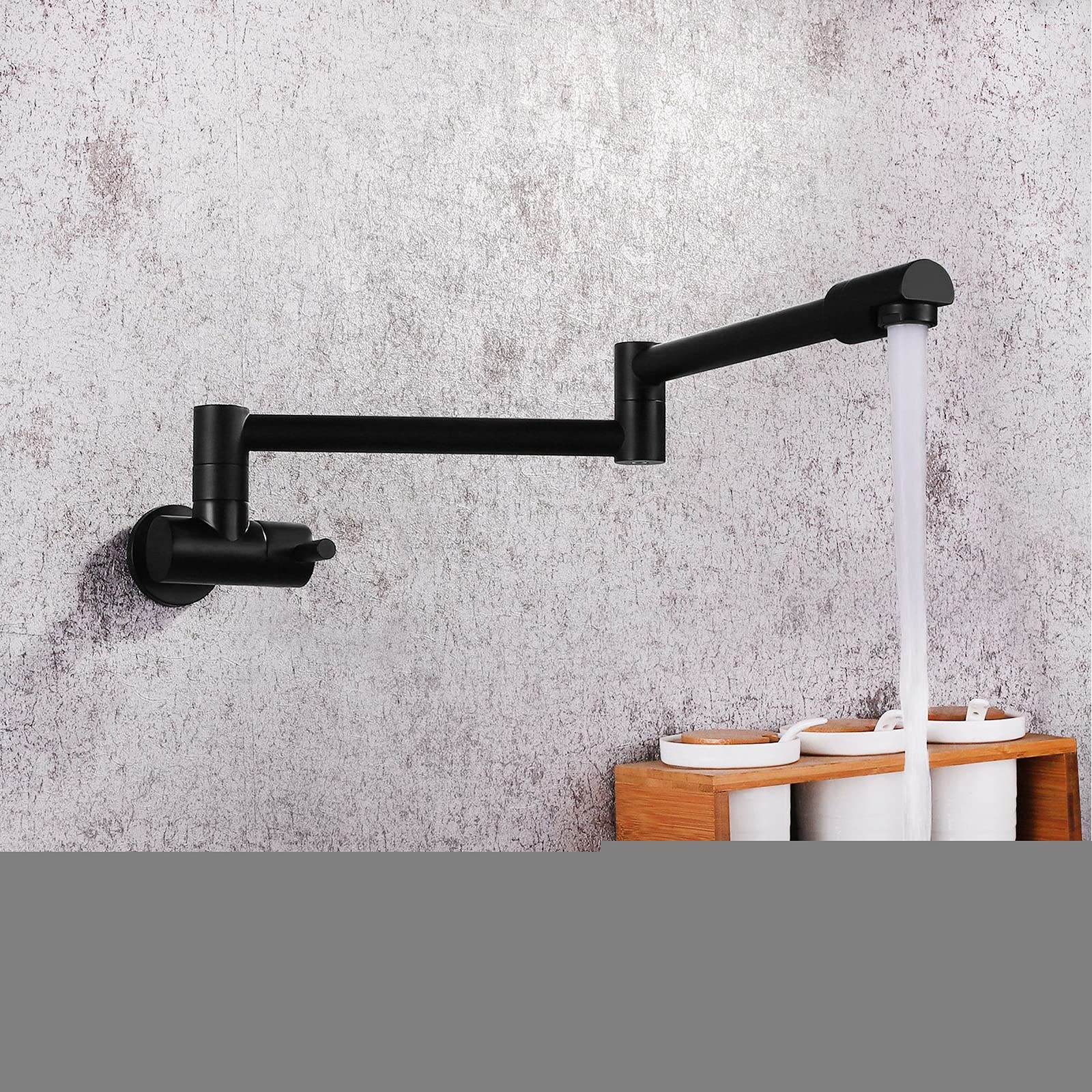 Rubinetto per riempire pentole, Nero, Interamente in Rame, monocomando per Acqua Fredda, Montaggio a Parete, con Maniglia Girevole a 360° e Foro per lavello.