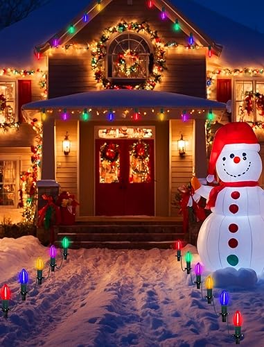 Miniatura 7 de Luces LED C9 para caminos de Navidad al aire libre, 38 pies, 25 bombillas LED C9, multicolor, luces de estacas de camino de Navidad, luces