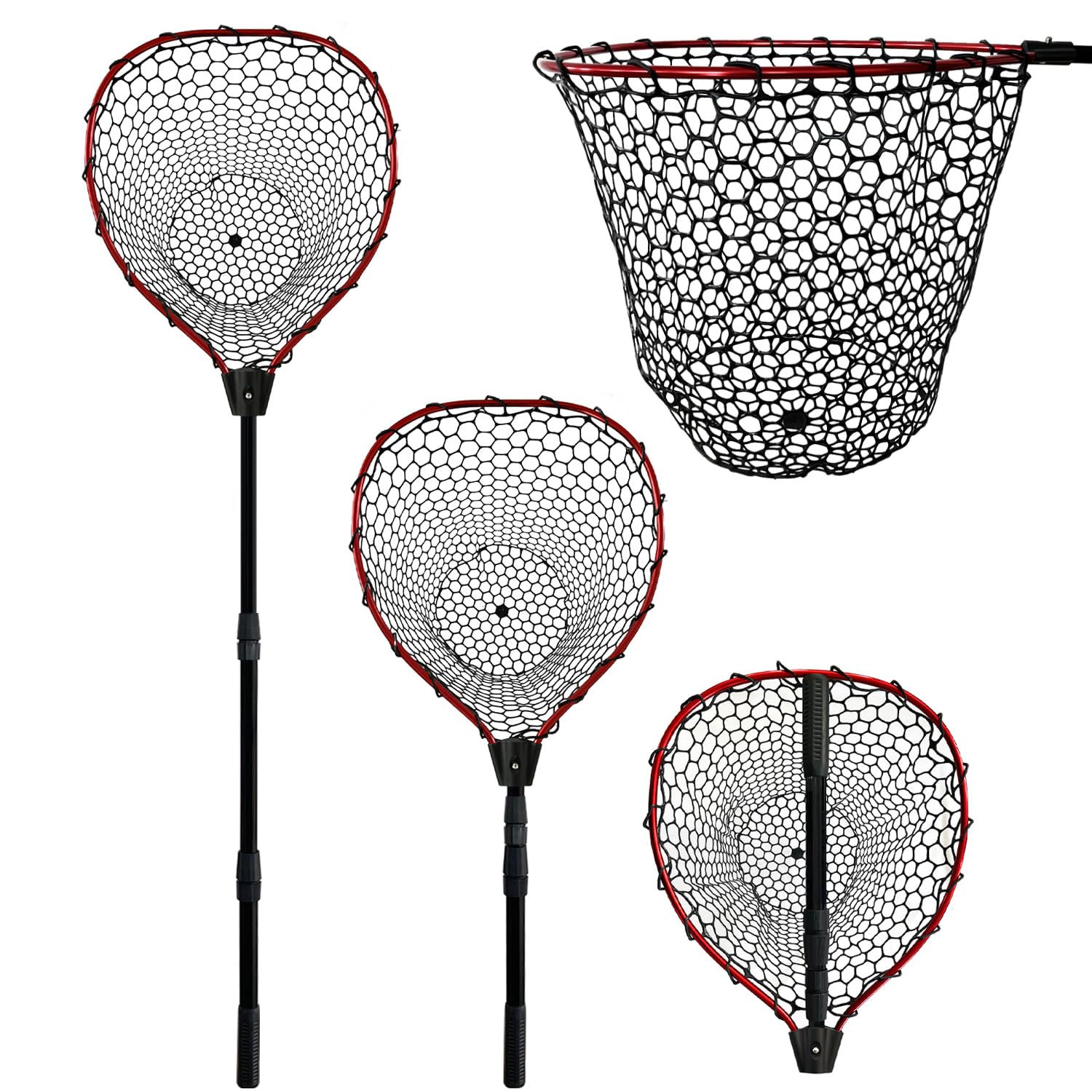 PRO FISHING 伸縮式 162cmゴム製のフィッシングネット ランディングネット 中型~大型魚対象/軽量アルミボディ 携帯用です します 淡水/海水両用 フィッシングたも ガサガサ網 ヘキサネット タモアミ タモ 釣り (赤です)